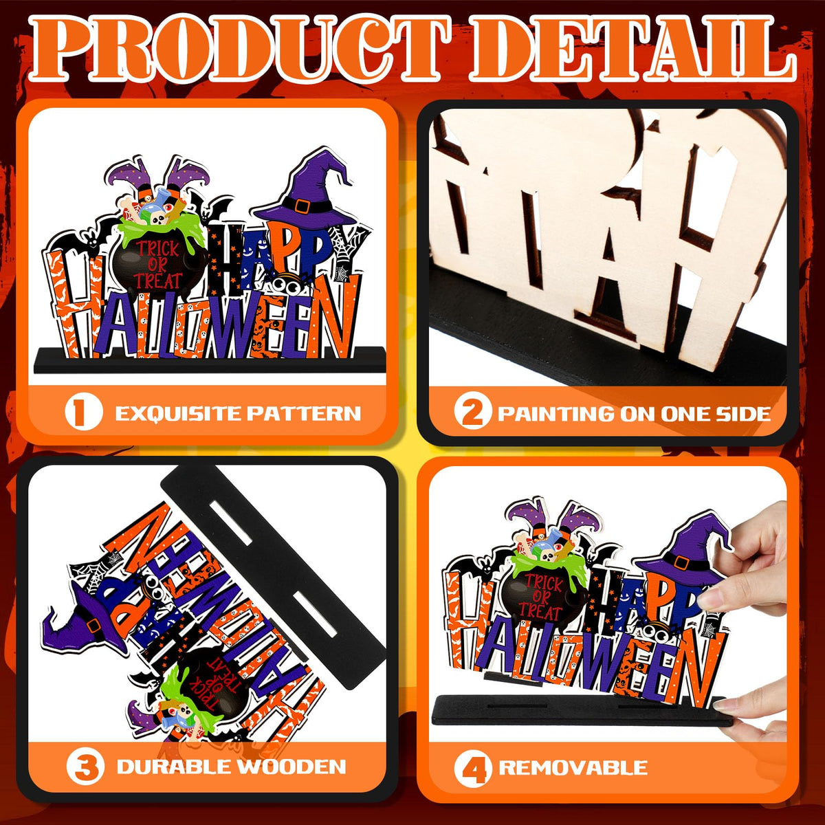 CroBlissful 6 Pcs Halloween Table Centerpiece Decorations Trick or Treat Pumpkin Ghost Wood Centerpiece Happy Halloween Boo Spooky Wooden Signs Table Decor for Living Room Office Kitchen Party Decor