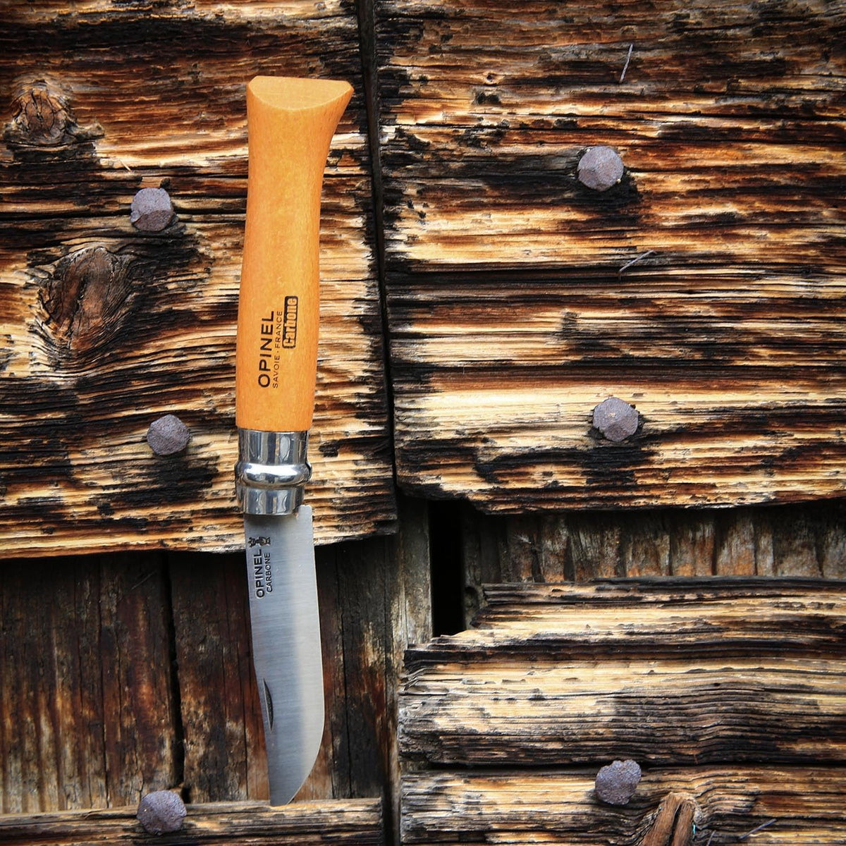 Opinel No. 08 Carbone - Carbon Steel Folding Pocket Knife, Beechwood Handle, 3.28 in Blade, Virobloc Safety Locking Collar, Made in France