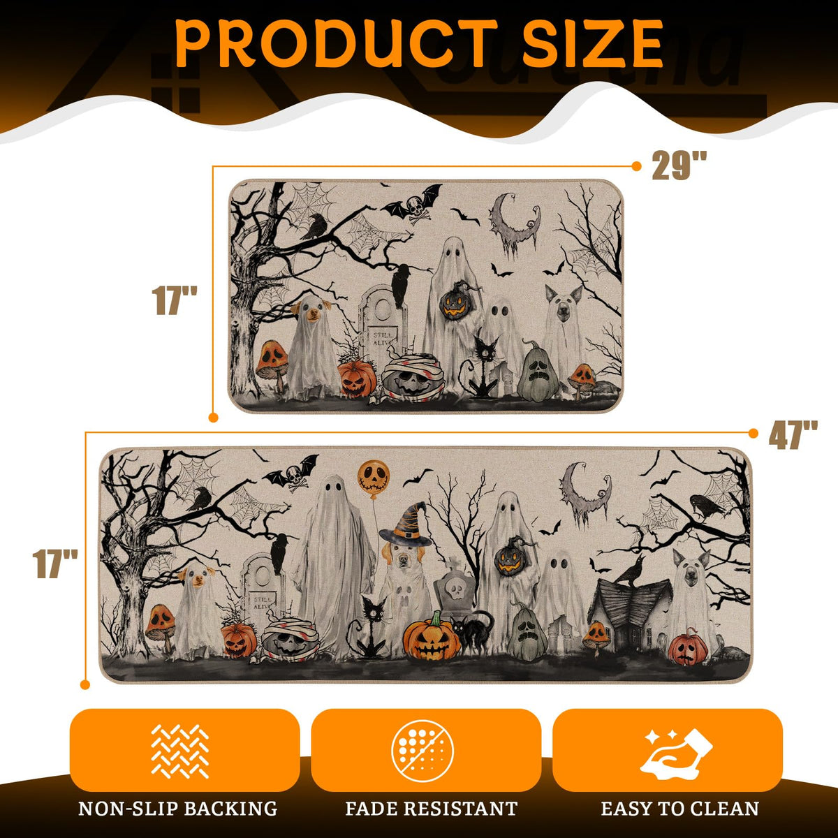 Moutina Halloween Boo Dog Ghost Decorative Kitchen Rugs Set of 2, Halloween Holiday Party Home Decor Low-Profile Kitchen Mats for Floor - 17x29 and 17x47 Inch