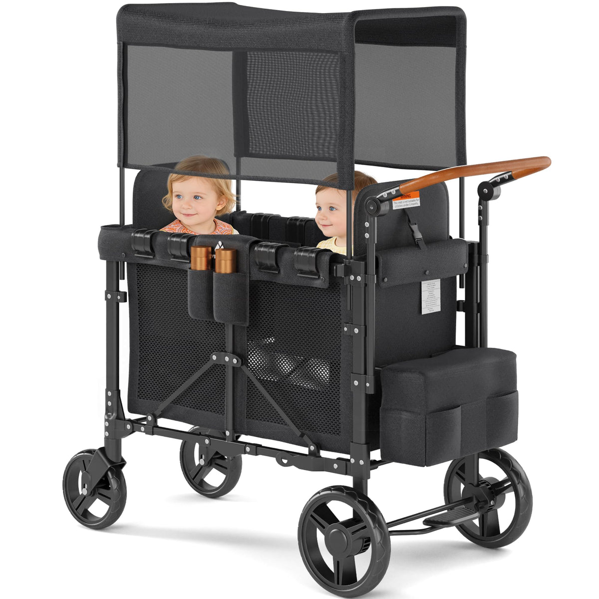 VELUVIA Wagon Stroller Outdoor for 2 Kids - Double Toddlers Stroller with Canopy & Removable Seat Pads, 2 Seater Push Pull Wagon One-Hand Fold, Shock-Absorbent Wheels & Safety Harness, Black