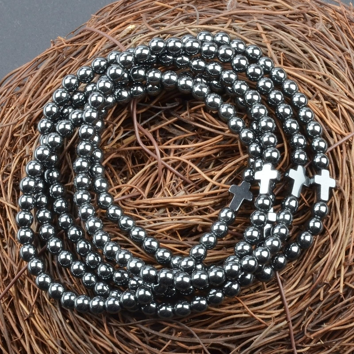 MASSIVE BEADS Hematite and Cross - Belief Faith Handmade Handmade Yoga Stretch Elastic Bracelet Natural Stone Crystal Healing Power Energy Gifts for Unisex Adult 4mm