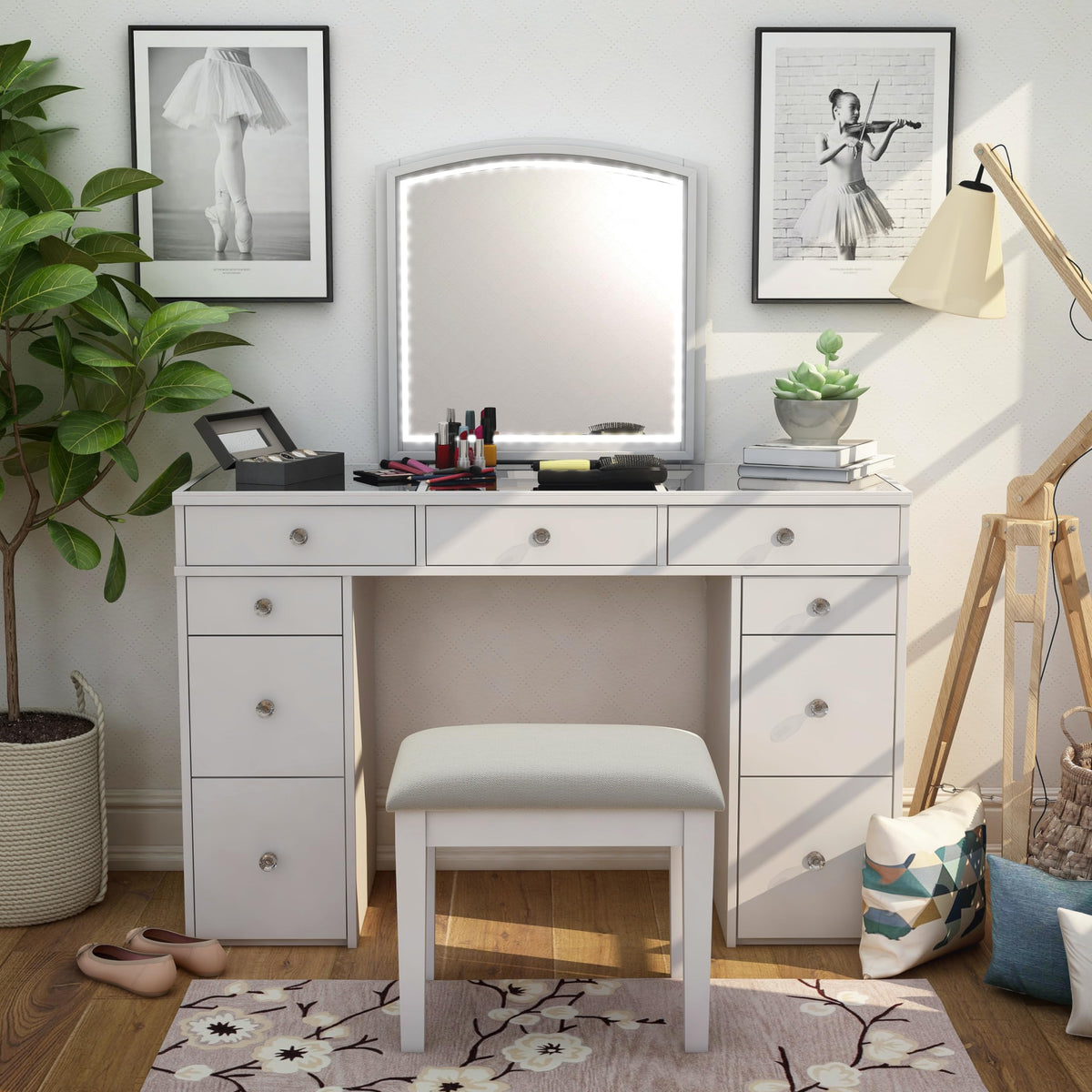 24/7 Shop at Home Juno Modern White Vanity Desk with Mirror and LED Lights, Makeup Table with 9 Drawers, Upholstered Stool with Wood Legs, Bedroom Furniture Set, Dressing Room, Youth Room