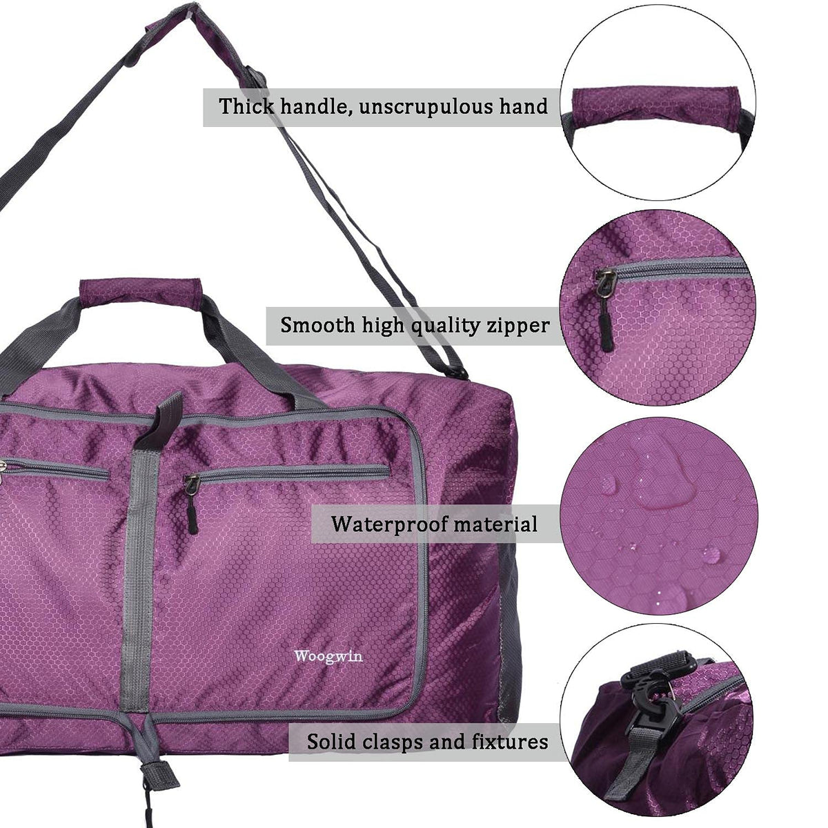 Woogwin Travel Duffel Bag Large Foldable Waterproof Overnight Bag for Beach Swim Bags Pool Sports Gym (60L Purple)