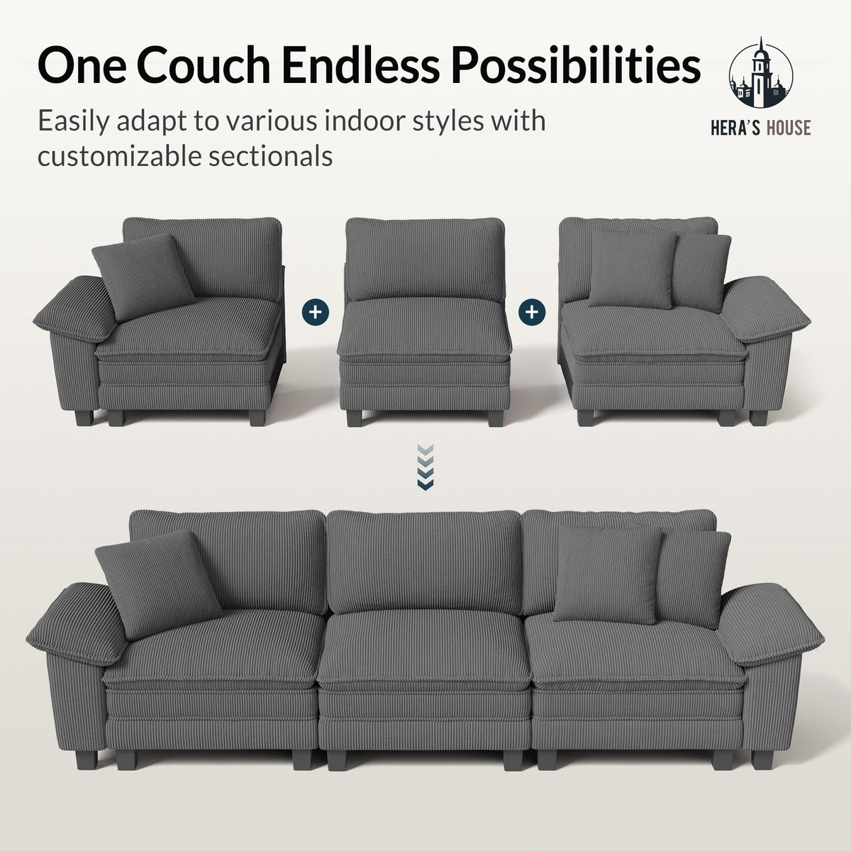 HERA'S HOUSE 158" Modular Sectional Sofa, Oversized U Shaped Couches for Living Room, Comfy Cloud Couch with Ottoman, 6-Seater Deep Seat Sofa with Throw Pillow, Corduroy Grey
