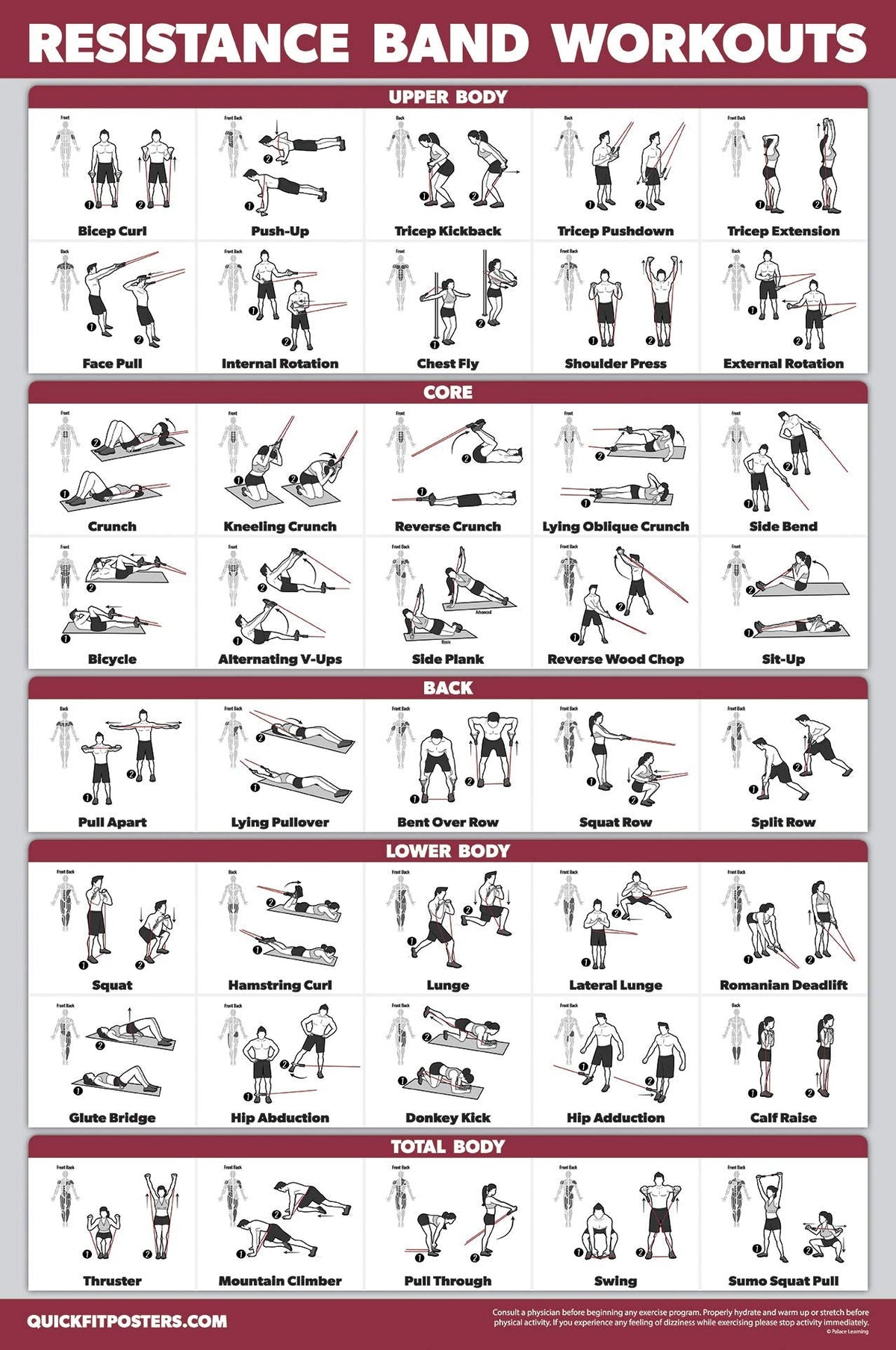Palace Learning 4 Pack - Dumbbell Workouts + Bodyweight Exercises + Resistance Bands Workouts + Warm Up Exercises - Set of 4 Workout Charts (LAMINATED, 18” x 24”)