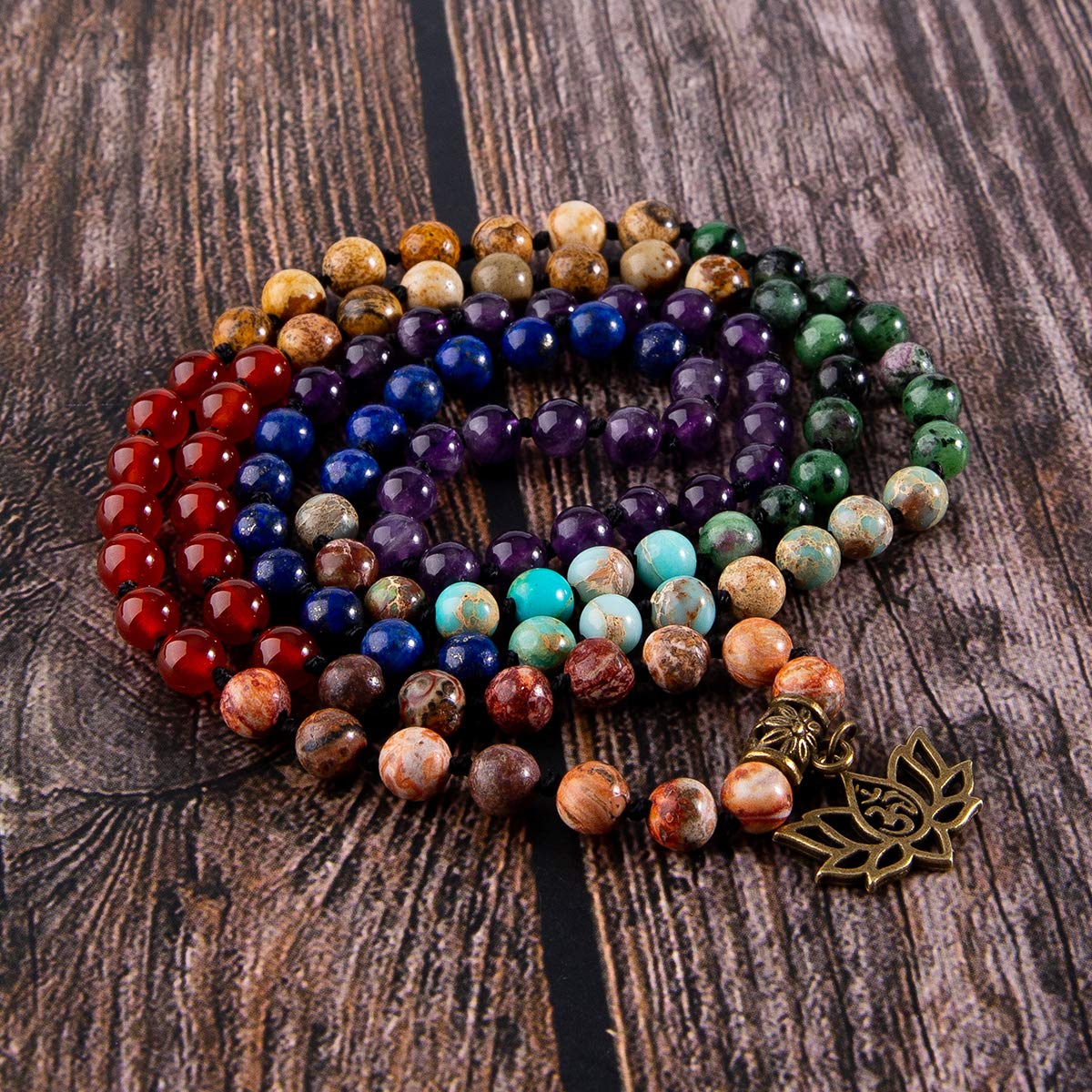 Bivei 7 Chakra 108 Mala Beads Bracelet Real Gemstone Yoga Meditation Hand Knotted Mala Prayer Bead Necklace(Lotus OM-6mm beads)