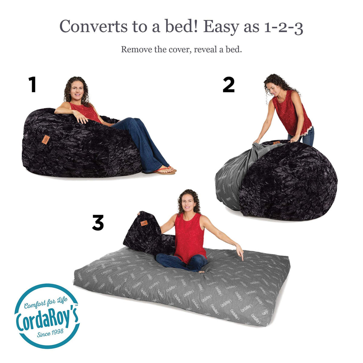 CordaRoy's Faux Fur Bean Bag Chair, Convertible Chair Folds from Bean Bag to Bed, As Seen on Shark Tank - Black, Full