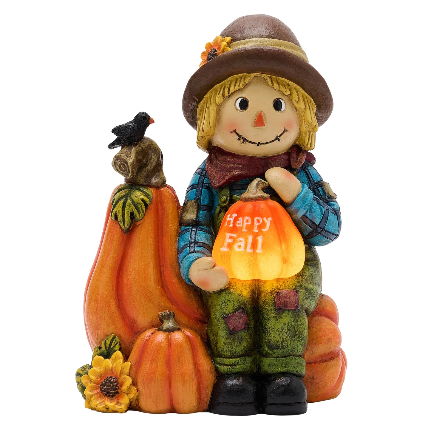 TERESA'S COLLECTIONS Fall Decor, Scarecrow Decor, Autumn Scarecrow Holding Pumpkin with Solar Lights, Waterproof Resin Outdoor Fall Decor, Fall Gifts Outdoor/Indoor,6.3"