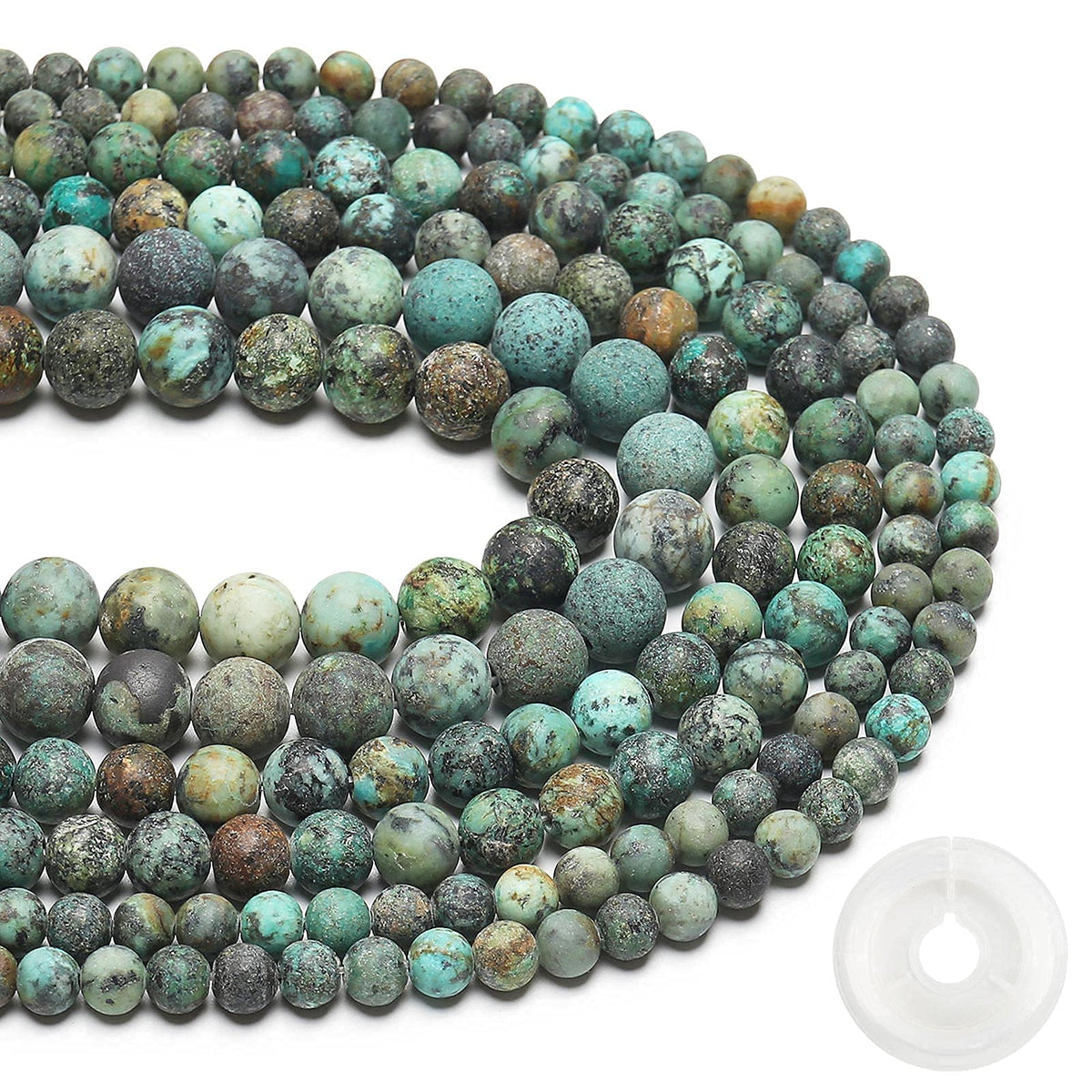 Natural Matte African Turquoise Beads, 10MM Round Frosted Unpolished Loose Gemstone Beads for Bracelet Necklace Jewelry Making, Energy Stone Healing Power with Stretch Beading Cord