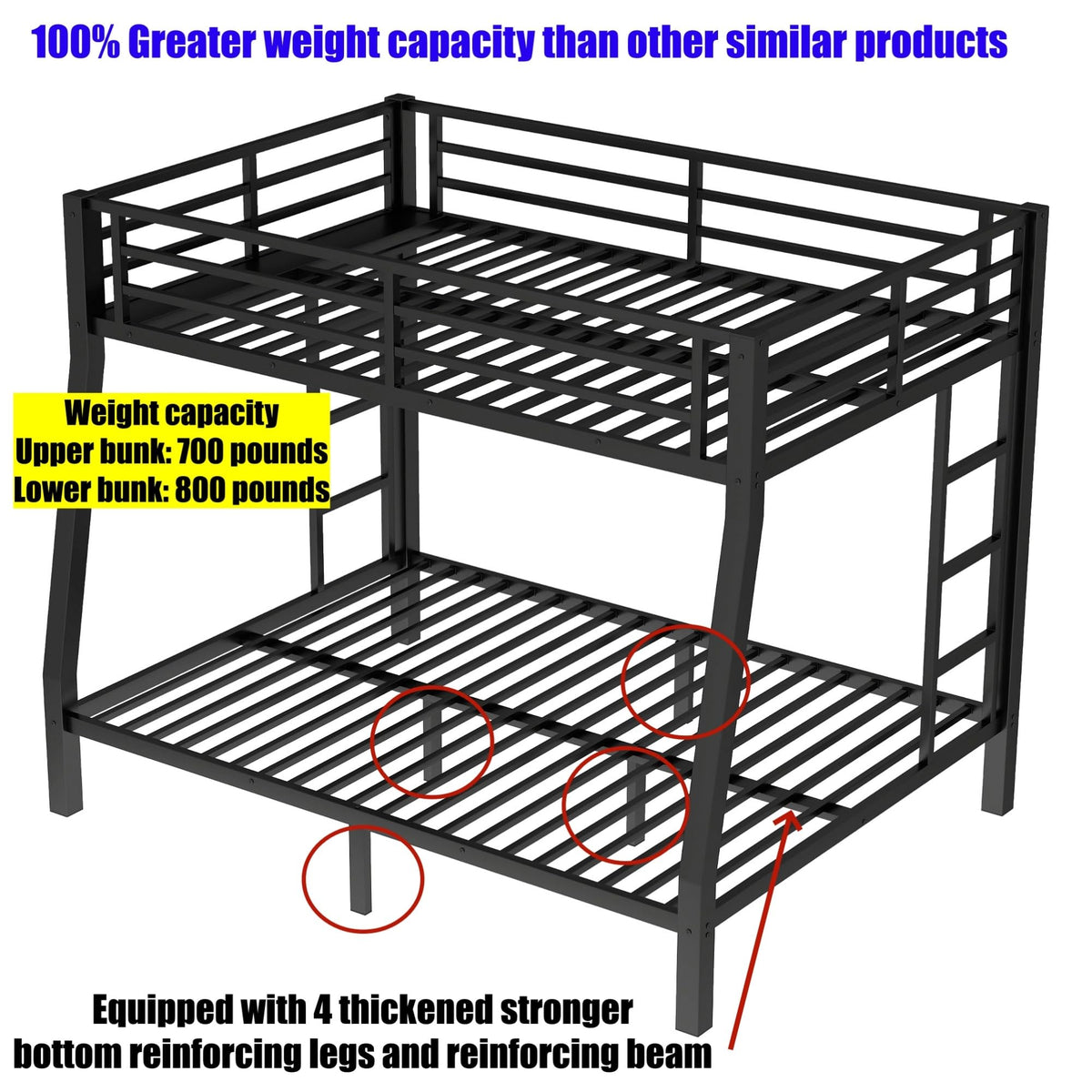 AOOMEEC Higher Quality & Stronger Metal Twin XL Over Queen Bunk Bed, Thickened Heavy Duty More Stable Safer Black Steel Bunkbed Bunk Queen Bed (Easier to Assemble) (Twin XL Over Queen)