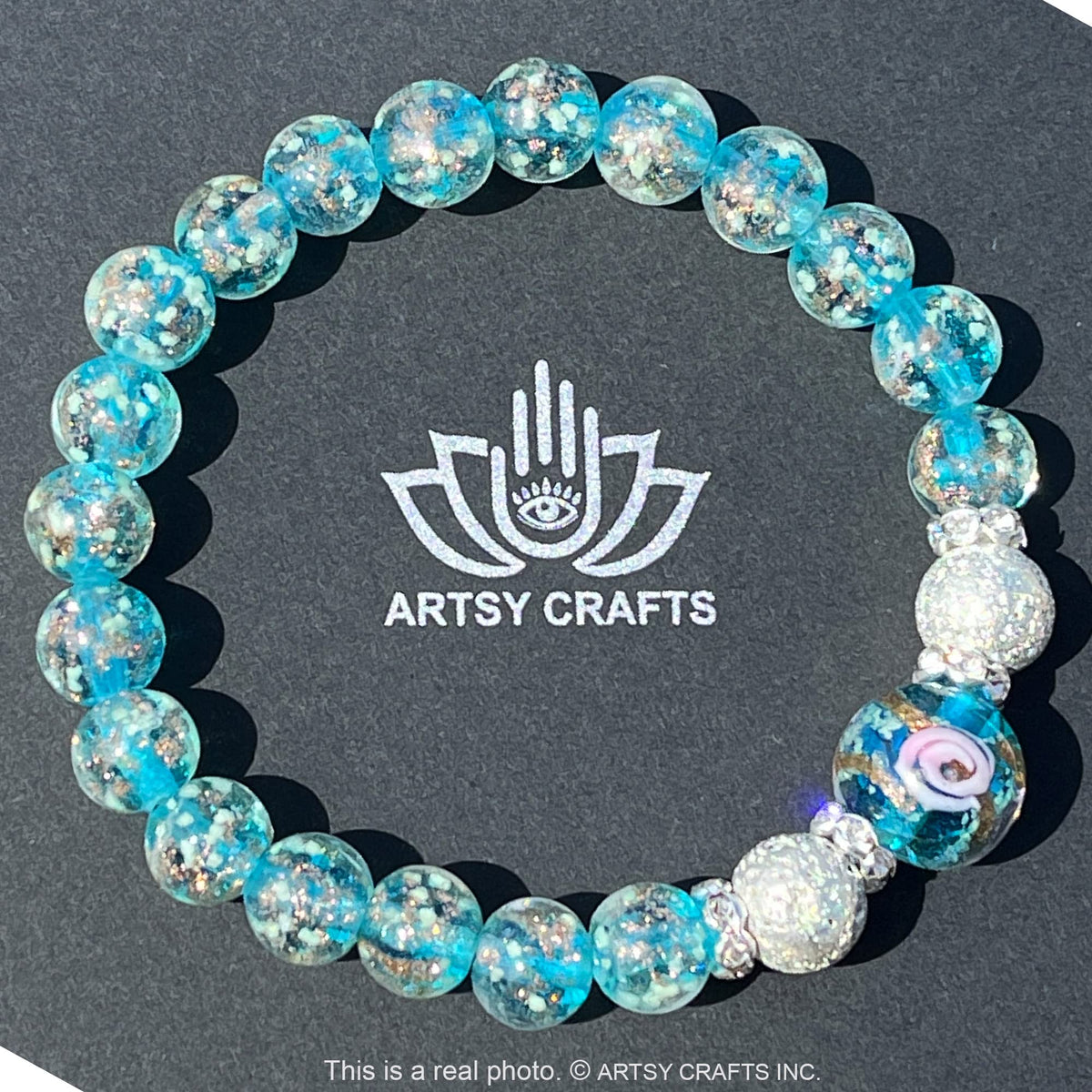 ARTSY Crafts Glow in the Dark Firefly Beads Bracelet for Women, Luminous Glass Beads Healing Crystal Glowing Beaded Bracelets, Mermaid Bracelet, Stretch Stackable Bangle Wristband (Sky Blue)