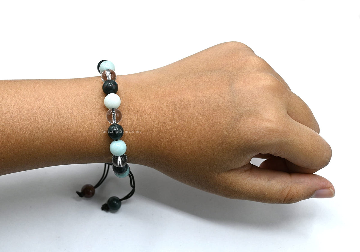 Amazing Gemstone Manifestation Bracelet for Pain Relief - Bloodstone Amazonite Clear Quartz Bracelet Set for Healing Calming Anxiety Stress Relief Gifts Pulseras Para Hombres Mujer (Adjustable)