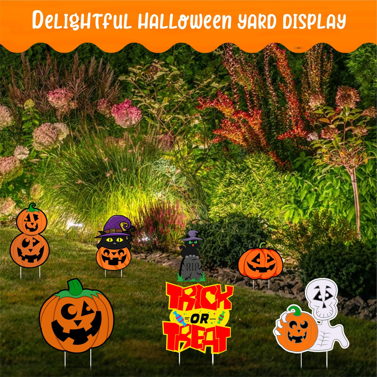 Halloween Pumpkin Decorations, Halloween Outdoor Yard Signs, Monster Stakes for Lawn Garden Decor with Pumpkin, Black Cat, Skull, TRICK OR TREAT 6 pcs