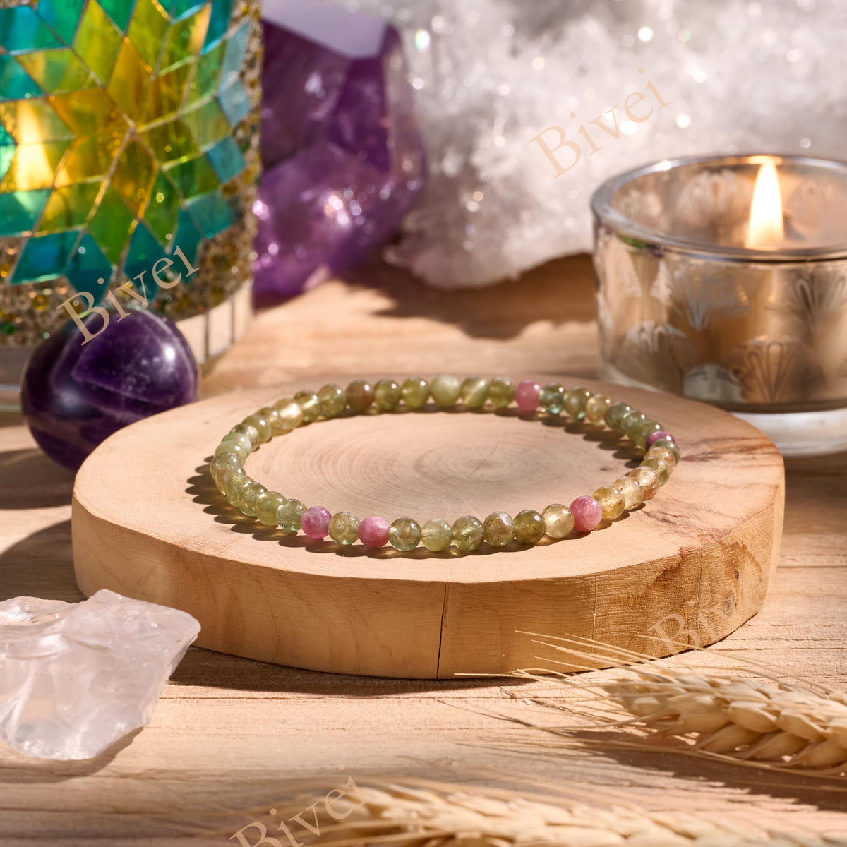 Bivei Rainbow Tournaline - Balancing - 4mm Beaded Bracelets for Women Handmade Semi Precious Natural Stone Stretch Elastic Jewelry Yoga Protection Gifts