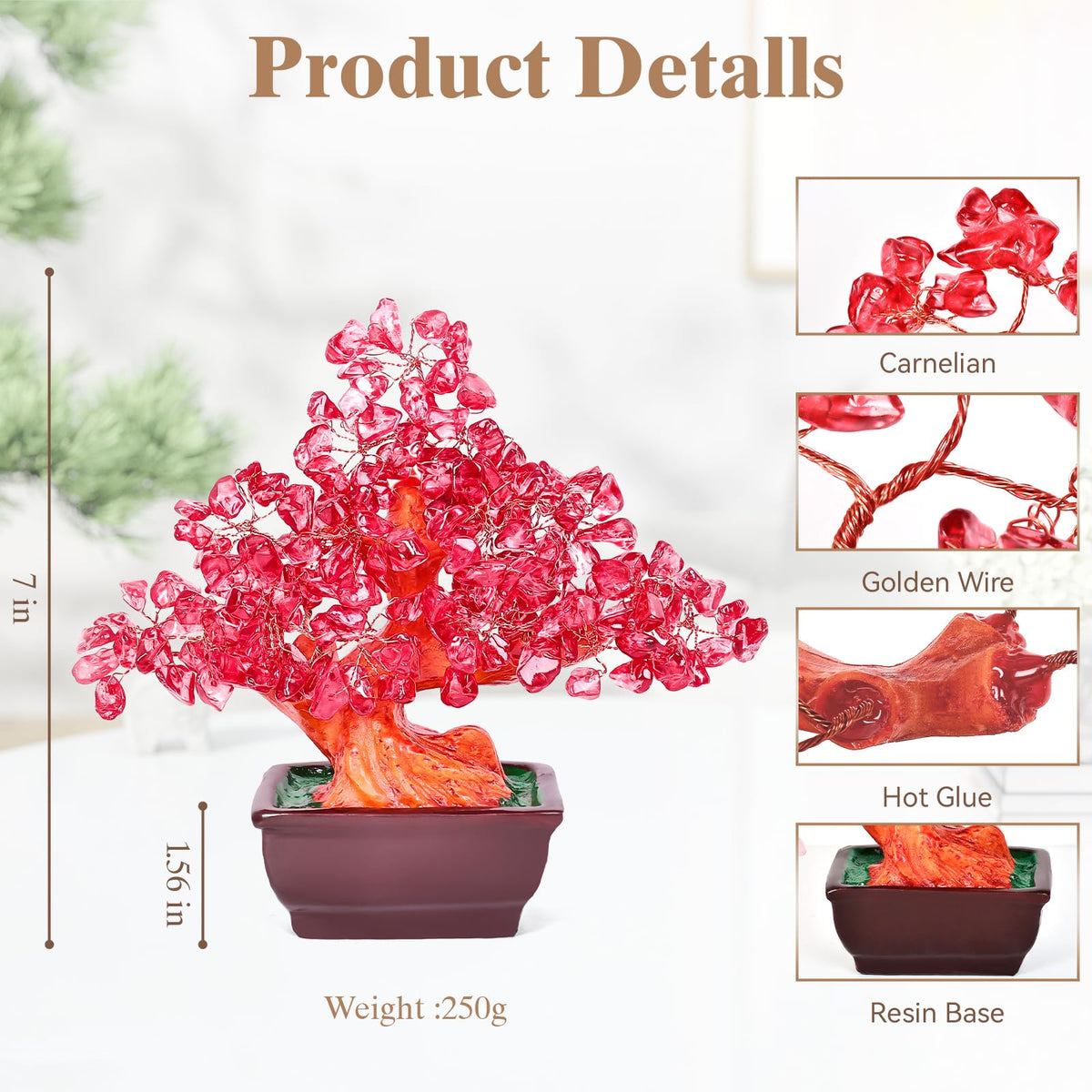 AzureLeap Feng Shui Quartz Crystal Money Tree Bonsai Style Decoration for Luck and Wealth (Red)