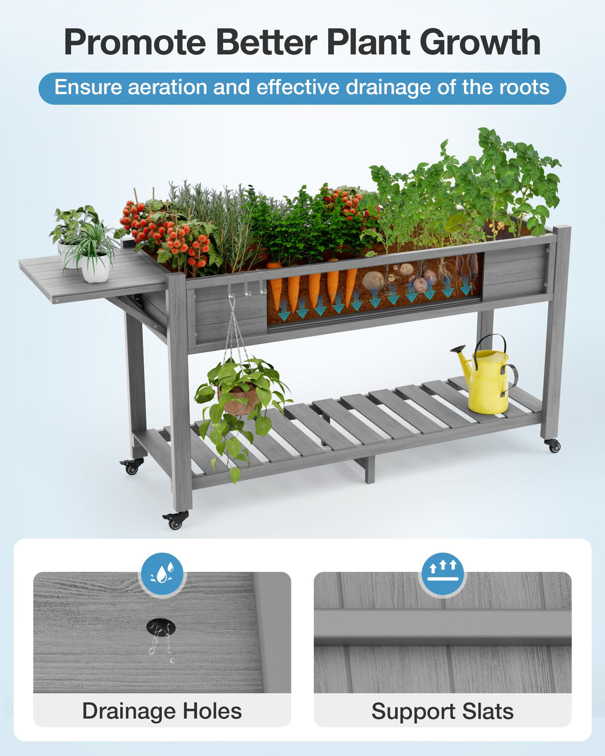 YEFU Raised Garden Bed with Legs: 57x18x30in Elevated Poly Planter with Wheels,Waterproof Mobile Raised Bed Garden, Elevated Planter Box Stand with Storage Shelf,for Deck,Patio,Porch,Yard (Grey,2pcs)