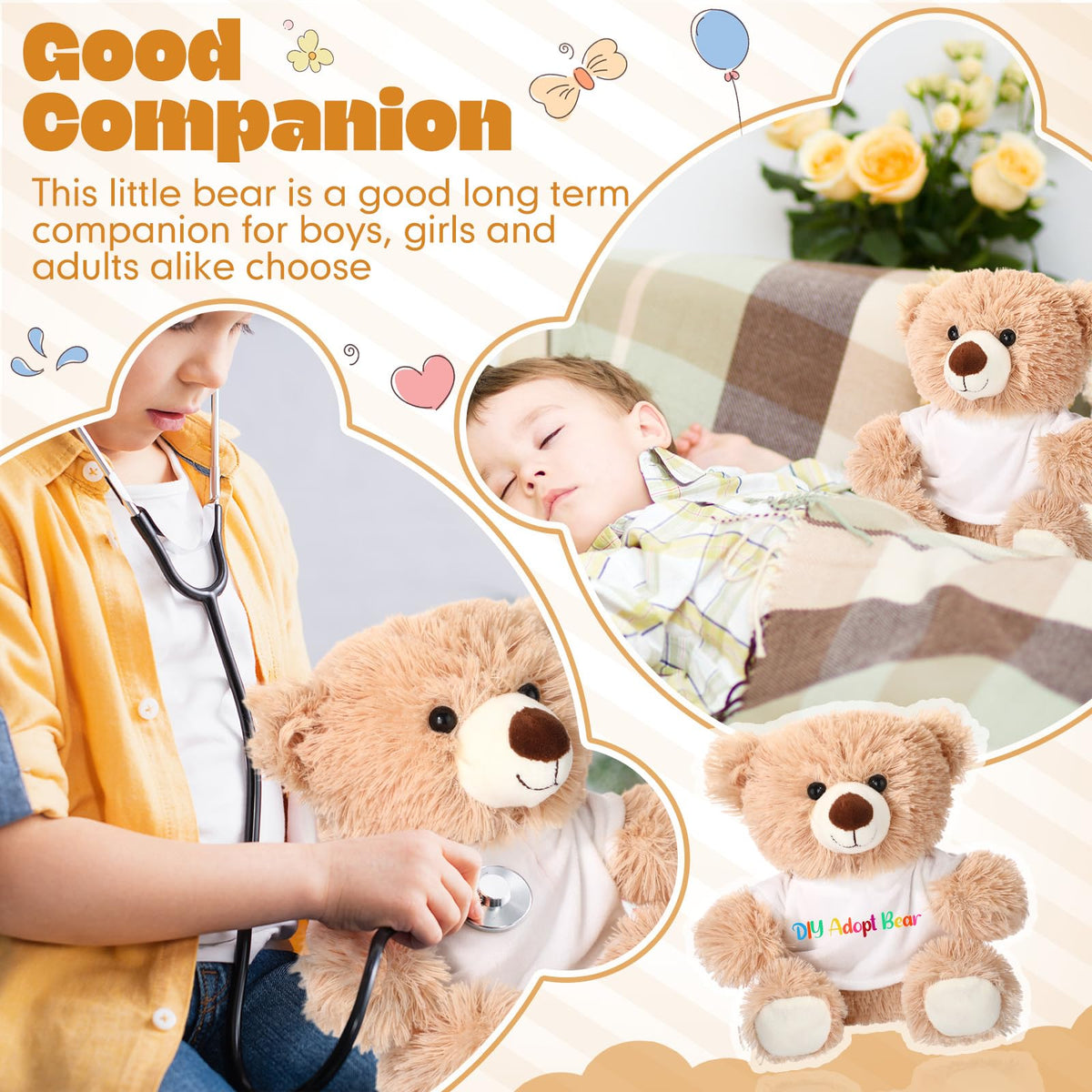 HyDren 15 Pcs Make Your Own Stuffed Animal Bear Kit DIY Adopt and Stuff Kit 10 Inch Soft Bear Plush White T Shirt Adoption Card DIY Brush for Birthday Personalized Gifts