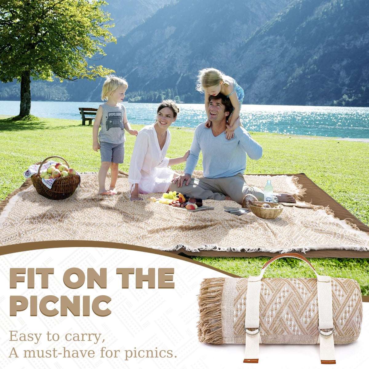 Genovega 2 in 1 Extra Large Rug Outdoor Picnic Blanket Waterproof Woven Boho Mat Giant Beach Towel Travel Essential Yoga Accessories Park Patio Lawn Garden Ground Music Festival Concert Must Have