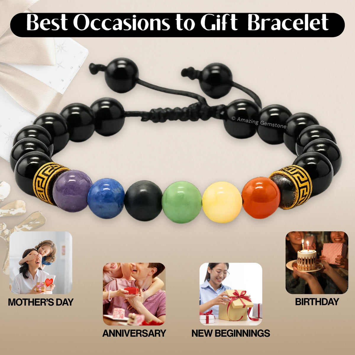 Amazing Gemstone Chakra Black Obsidian Bracelet, Gifts For Men & Women - Protection Healing Crystal Bracelet - 8mm Gemstone Beaded Adjustable Bracelet, Pulseras Para Hombres Mujer Stocking Stuffers