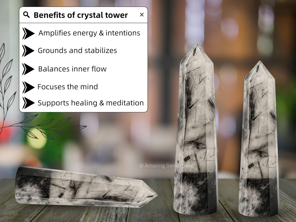 Amazing Gemstone Black Rutilated Quartz Crystal Towers ~ Natural Healing Crystal Point Obelisk for Reiki Healing & Crystal Grid (3" to 4" INCH)