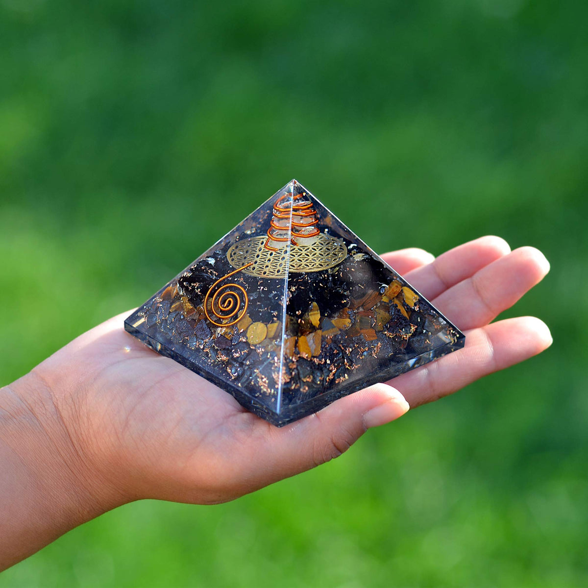 Orgonite Crystal Triple Protection Orgone Pyramid with Black Tourmaline, Tiger Eye and Hematite Crystal – Flower of Life Pyramid for Spiritual Healing, Meditation, Yoga, Reiki Gift, Office, Home Décor