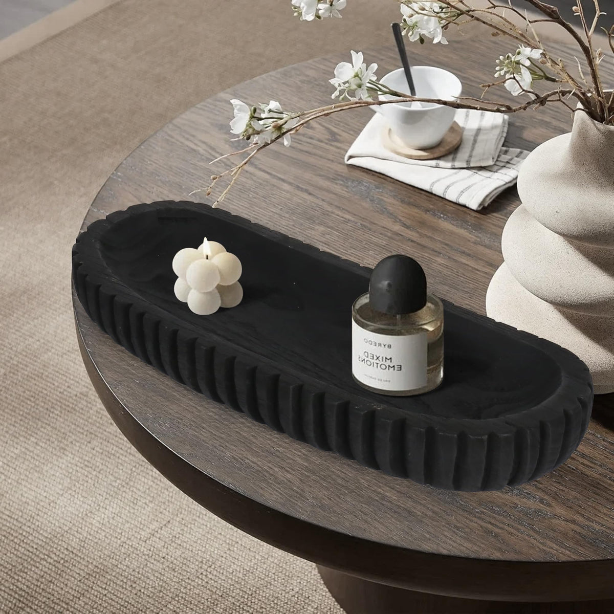 Oakrain Wooden Decorative Bowl for Home Decor, 16" Rustic Dough Bowl with Hand Carved Vertical Stripes, Long Wood Tray for Table Centerpieces, Matte Black