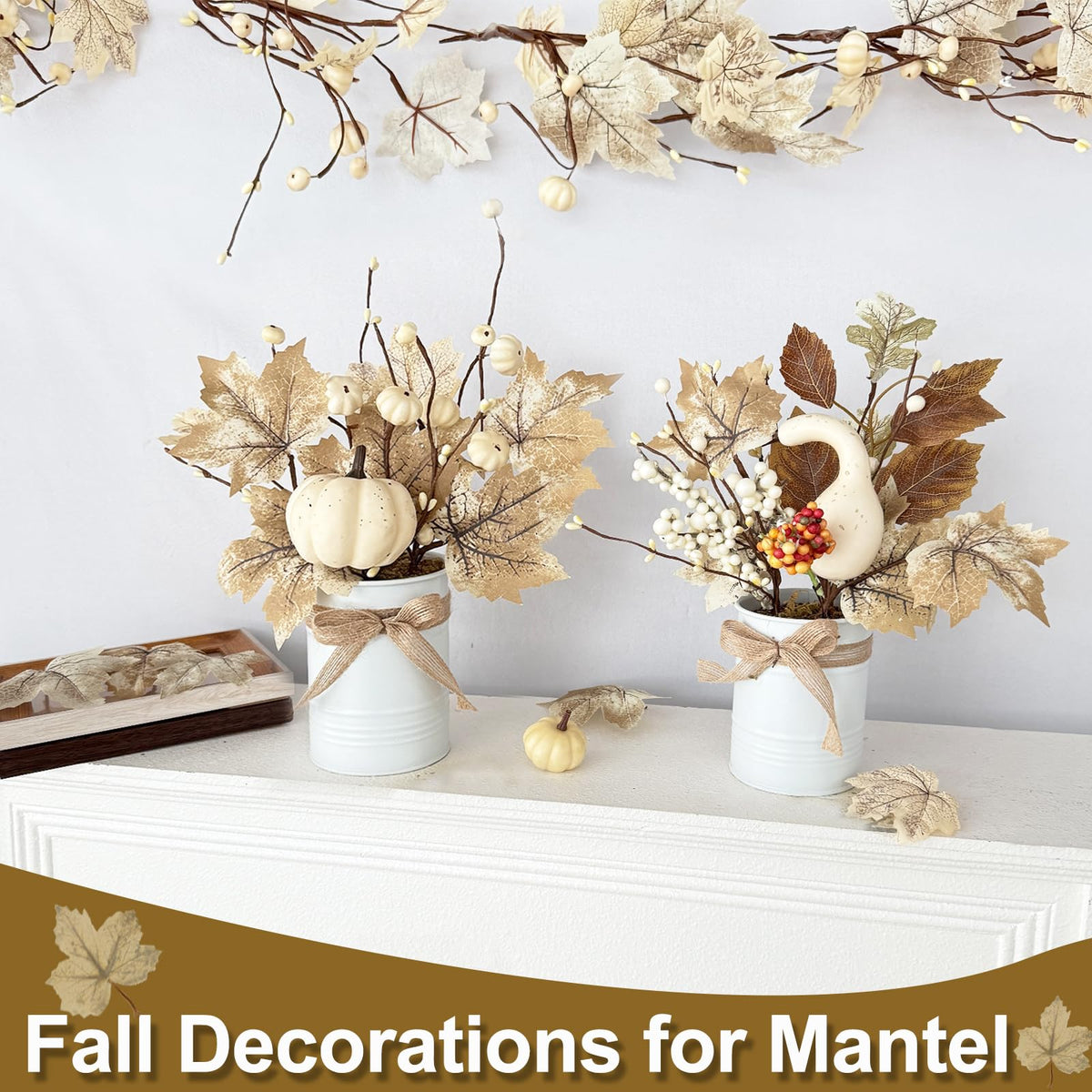 2 Pack 12" Fall Decorations Fall Centerpieces for Tables Potted White Maple Arrangement in Metal Pot White Pumpkin Berried Autumn Thanksgiving Decorations for Home Table Kitchen Office Farmhouse Decor