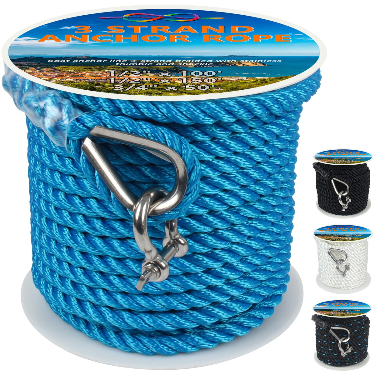 Anchor Rope 1/2 Inch 100 FT, Anchor Line 3 Strand Boat Rope with Stainless Steel Thimble & Shackle, Boat Anchor Rope Ideal for Towing Docking Mooring Boats Up to 35' - Lake Blue