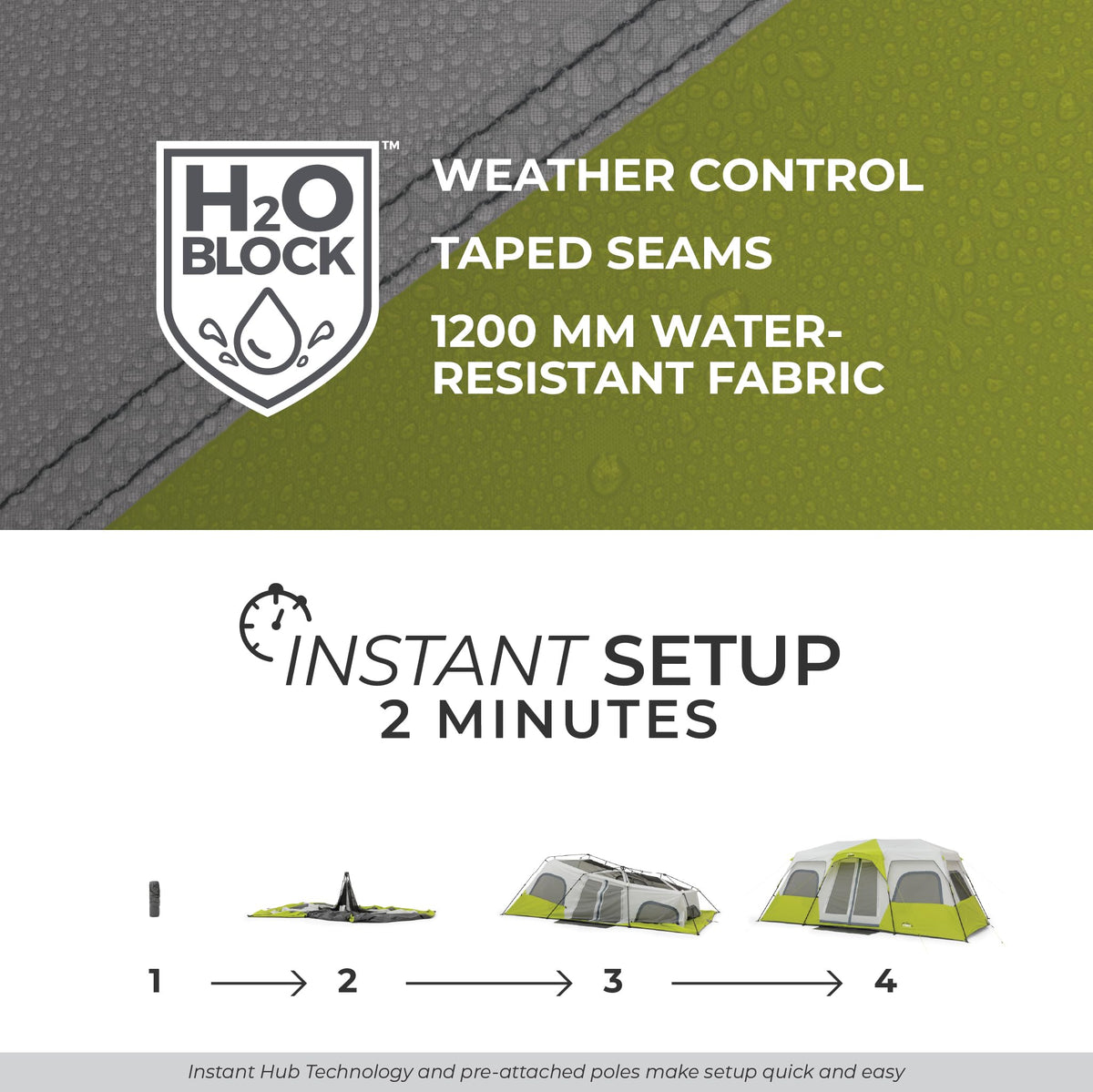CORE 12 Person Instant Cabin Tent | Large 3 Room Family Pop Up Tent for 2 Minute Camp Setup | Included Storage Pockets for Camping Accessories