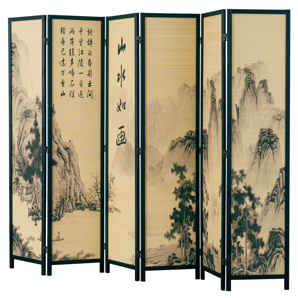 MyGift Decorative 6 Panel Folding Room Divider Bamboo Screen with Chinese Calligraphy Design, 6FT Freestanding Floral Artwork Room Partitioner with Black Wood Frame 94.5''W x 69''H