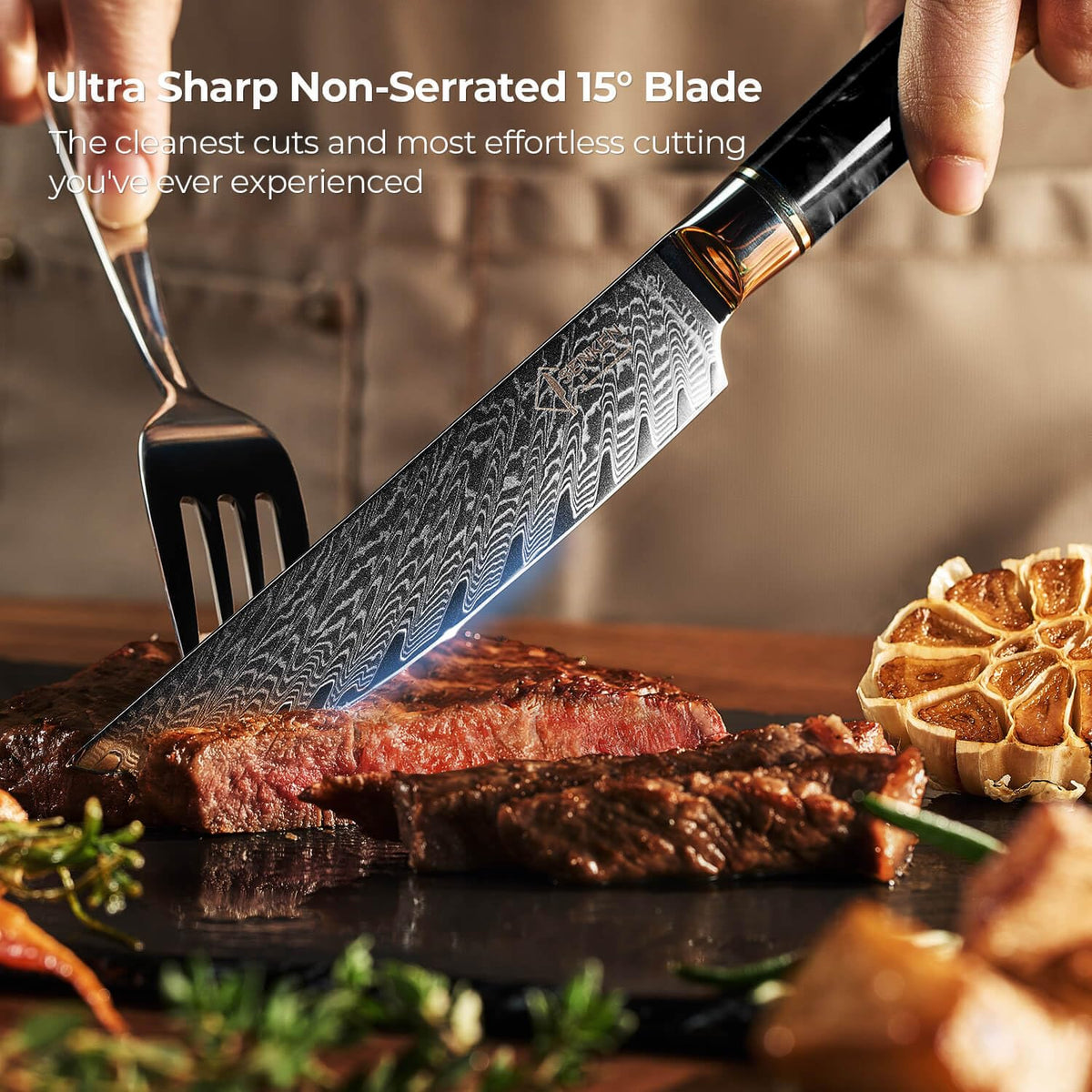 SENKEN Damascus Steak Knife Set - Black Tsunami Collection - 67-Layer Japanese VG10 Steel - Razor Sharp Non-Serrated Blades, Black Resin & Burl Wood Handles, Luxury Gift Box