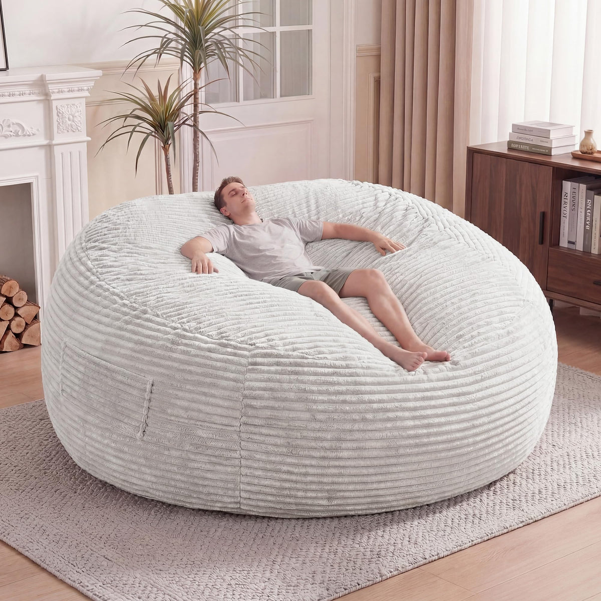 Claiks 8 Ft Giant Foam Bean Bag Chair, Oversized Couch with Removable Cover, Soft Plush Bean Bag Chairs for Adults and for Kids Teens Adults in Living Room, Beige