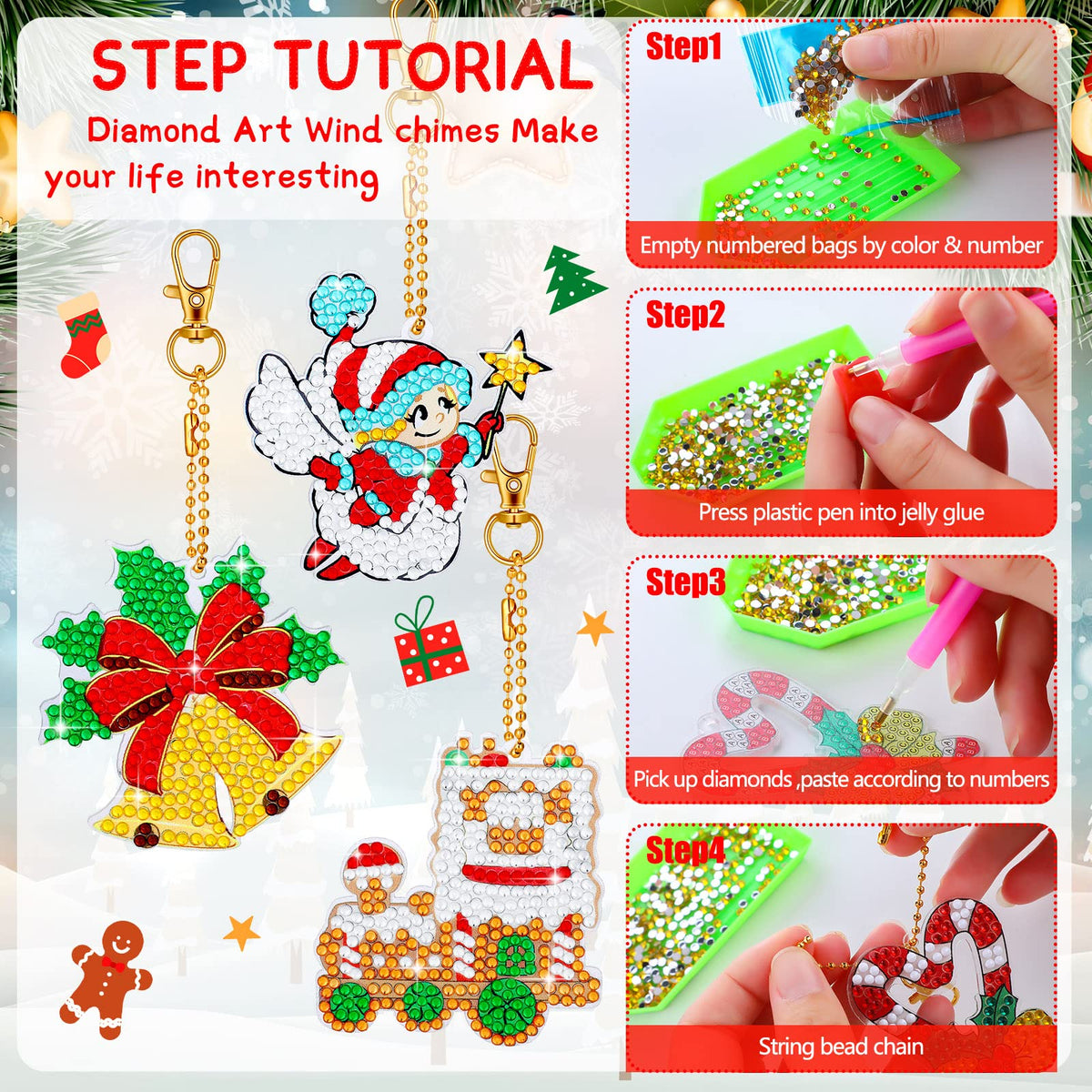 Tudomro 45 Pieces Christmas Diamond Painting Keychains Diamond Art Ornaments Key Chain Resin DIY Diamond Painting Key Ring Rhinestone Pendant Ornament Hanging Ornaments for Xmas Tree Decorations
