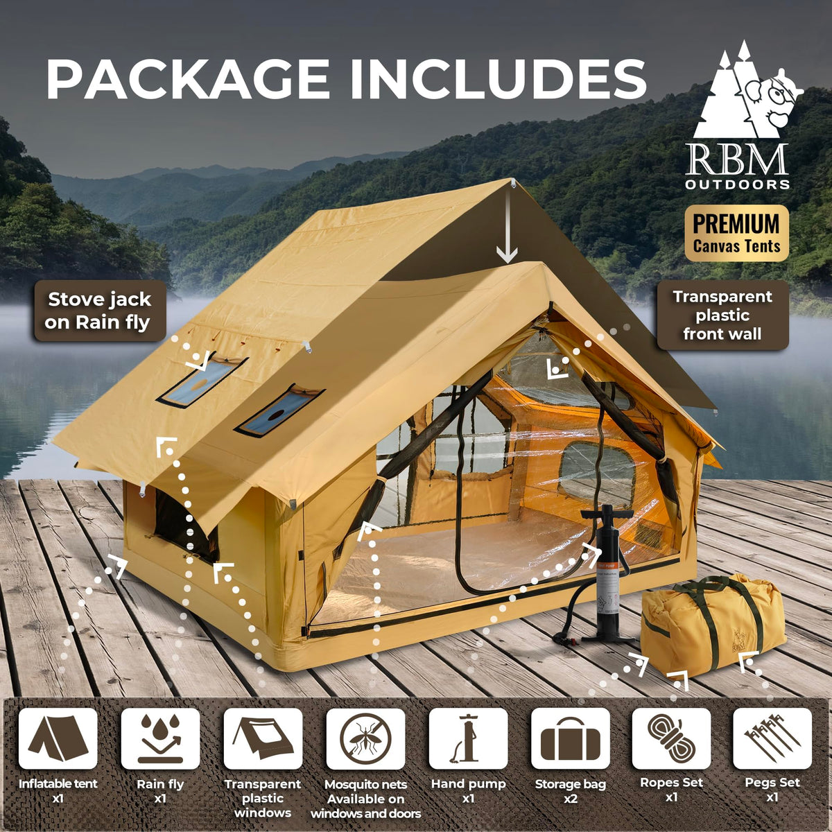 RBM Outdoors Panda Air Medium Inflatable Canvas Camping Tent for 2–4 People – Air Beam Tent with Stove Jack, Fast Setup, Hand Pump Included, Beige, Set