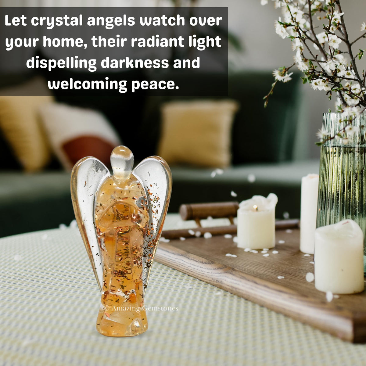 Amazing Gemstone Yellow Aventurine Guardian Angel Figurine Pocket Crystal Angel for Protection - Orgone Guardian Angel with Orgonite Layer and Natural Crystal for Healing Gift (2 Inch, Organite)