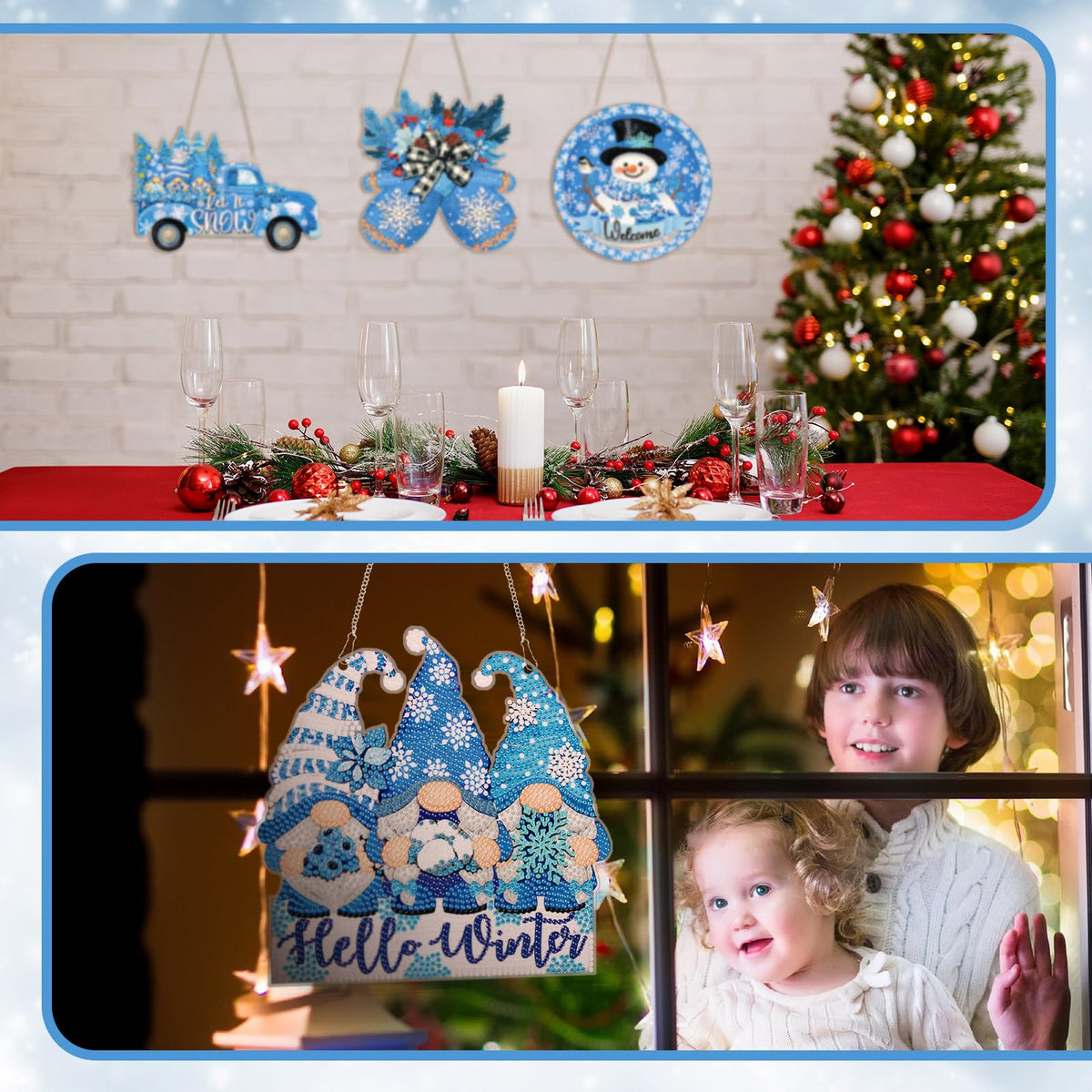 Zonon 6 Pcs Winter Diamond Painting Hanging Sign Set 5d Snowman Diamond Art Set for Adults DIY Gnome Art Pendant Ornaments Kits Acrylic Winter Tree Wreath Truck for Wall Window Decor