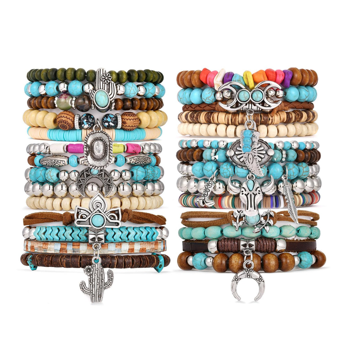 COLOYAN 28PCS Western Bracelets for Women Stackable, Stretch Charm Bohemian Bracelet Stacks, Vintage Turquoise Bead Bracelet Western Jewelry