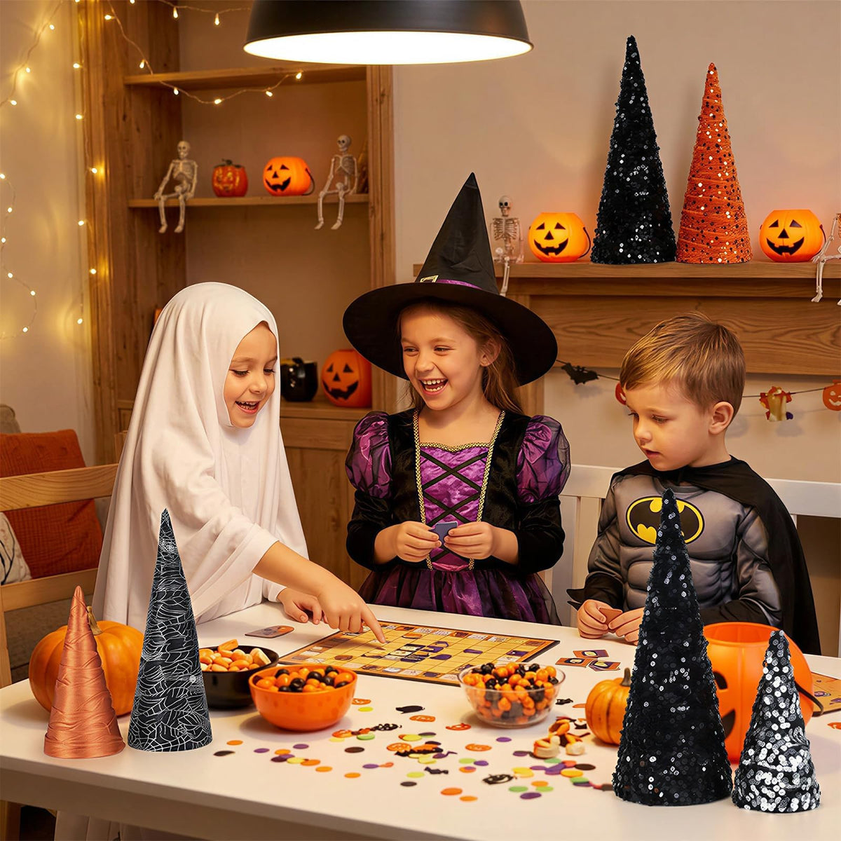 6 PCS 12" 10" 6" Cone Tree Decorations Halloween Sequin Satin Table Centerpieces Decor Black Orange Spider Web Halloween Tiered Tray Ornament Xmas Tree for Home Entryway Tabletop Centerpiece Decor