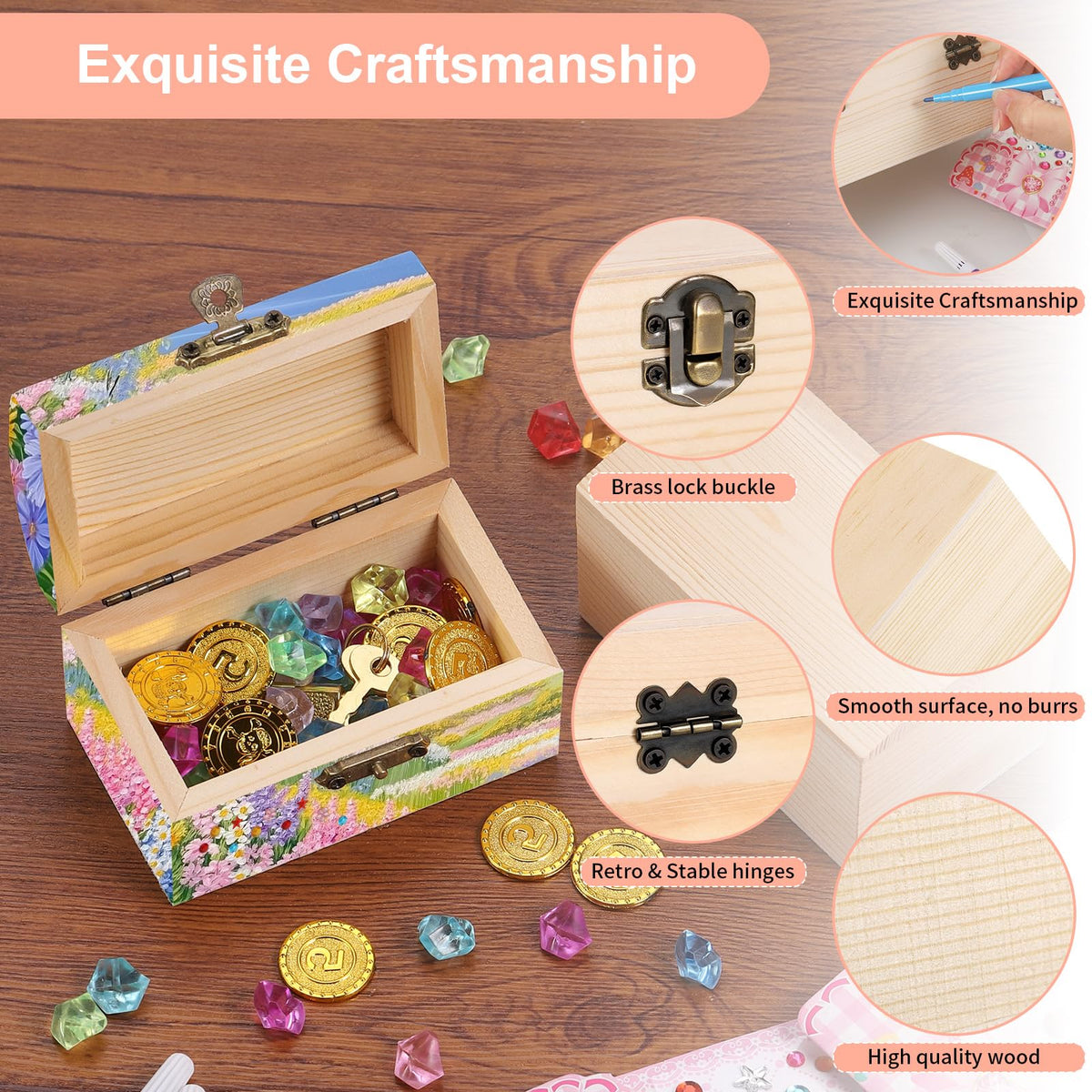 10Pcs Small Wooden Boxes for Crafts, Unfinished Wood Box with Lids, Mini Treasure Chest Small Craft Box, Jewelry DIY Mini Craft Boxes to Paint for Kids Adults Classroom Party Handmade (3.5 x 2 x 2in)
