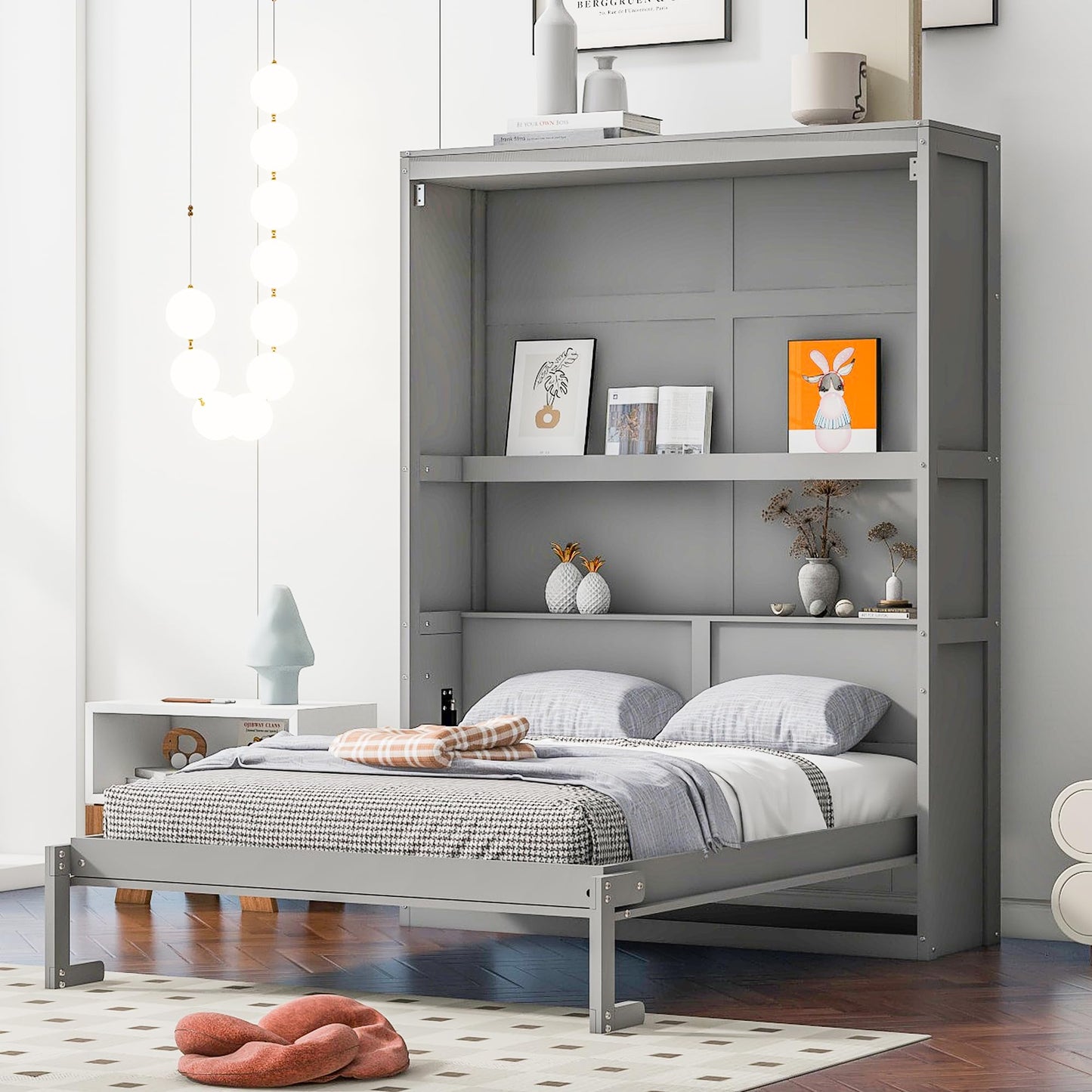 Merax Full Size Wood Modern Murphy Bed, Wall Bed with Shelves, Foldable Platform Bed Folded into Cabinet, Space-Saving Design Bed for Guest Room, Home and Office, Grey