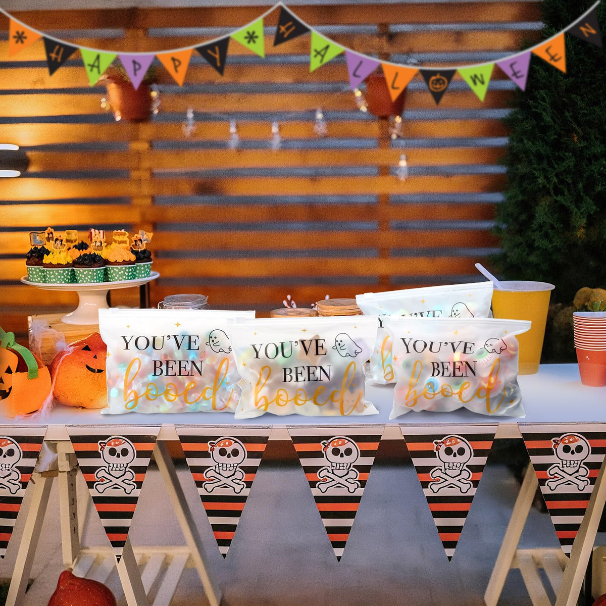 100 Pcs Halloween Makeup Cosmetic Bag Bulk PVC You Have Been Booed Bag Halloween Boo Basket Stuffer Item Ghost Party Favor Toiletry Travel Pouch with Zipper for Candy Goodie Birthday Gift Accessory