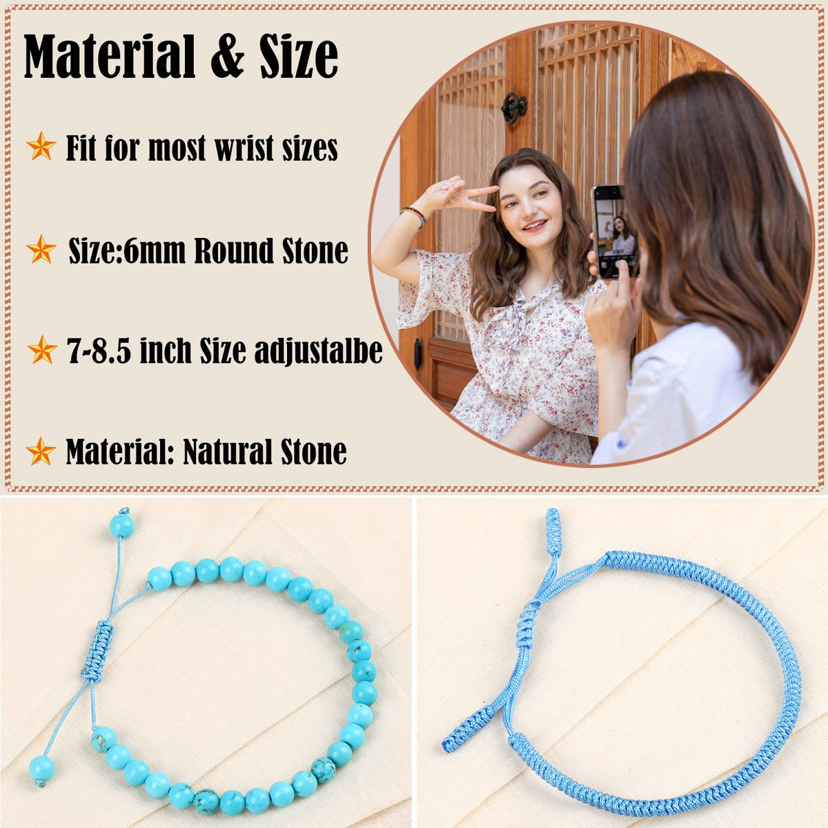 LPBeads 6mm Blue Turquoise Bracelet with Handmade Rope Bracelet Size Adjustable Stone Crystal Healing Bracelets Gifts for Unisex Adults