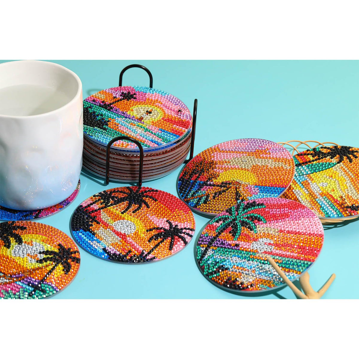 8 PCS Beach Moon Diamond Art Coasters Kits, Diamond Painting Coasters with Holder Set of 8, DIY Drink Coasters Art Crafts Supplies for Adults Cup Mat for Home Decor House Warming Gifts 3.9inch