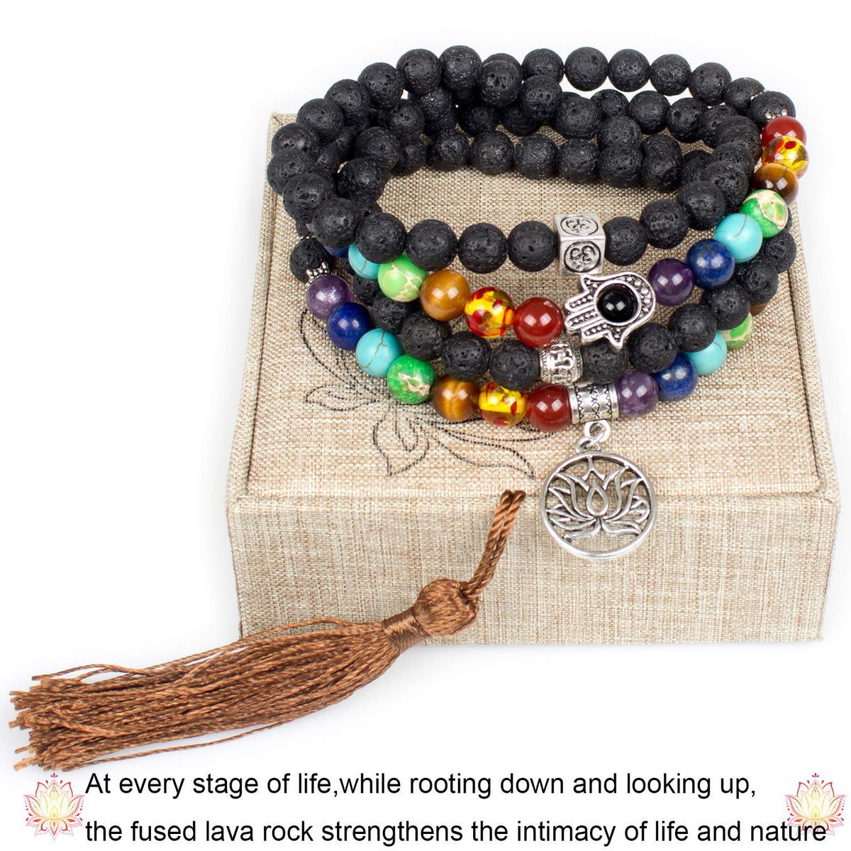 Addmluck 108 Mala Beads Necklace 7 Chakra Tree of Life Pendant Prayer Buddha Bracelets Healing Stone Yoga Men Women Jewelry(Natural lava beads)