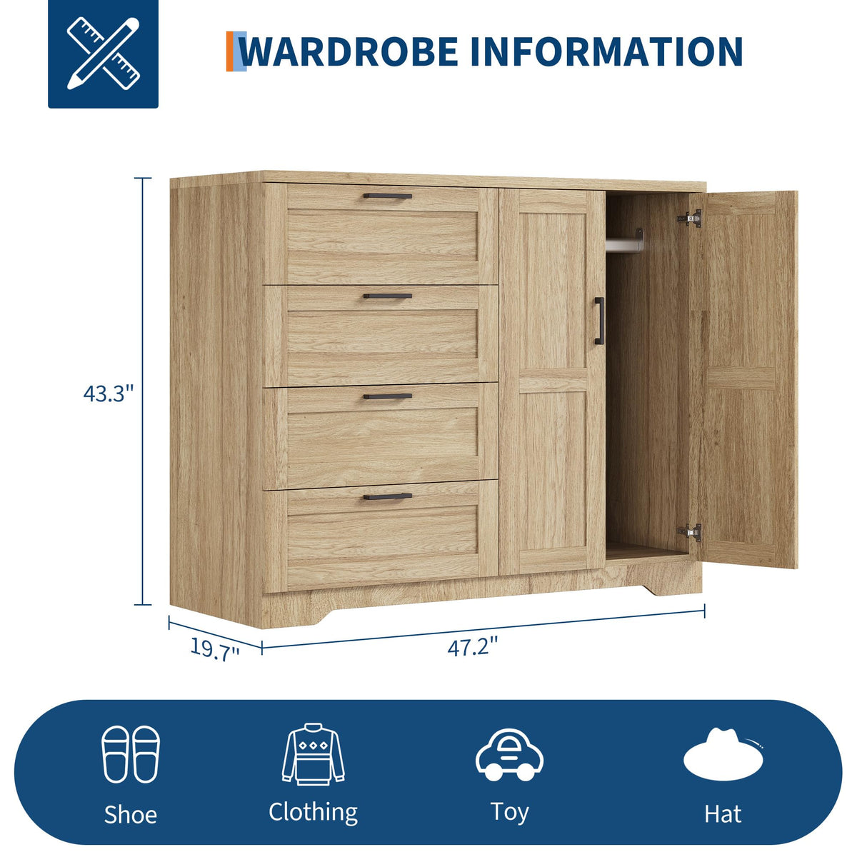 IDEALHOUSE 43.3'' H Armoire Wardrobe Closet with 4 Drawers and 2 Doors, Hanging Rod, Multifunctional Wooden Dresser with Storage Closet, Bathroom Cabinet for Bedroom, Natural Oak