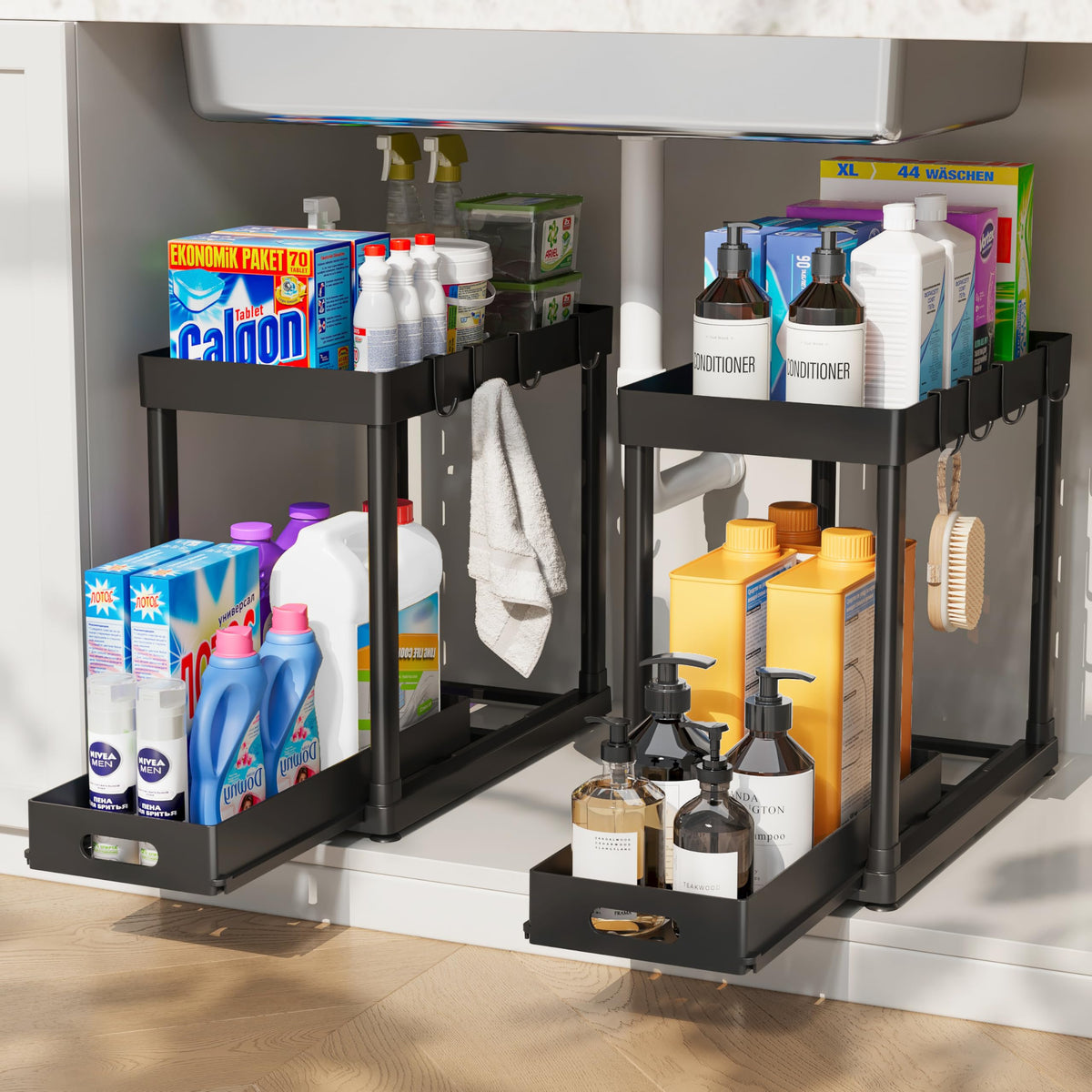 POUGNY 2 Pack Pull-Out Storage Organizers, Under Sink Organizer and Storage for Bathroom & Kitchen,Multi-Purpose Under Cabinet Organizers and storage Black