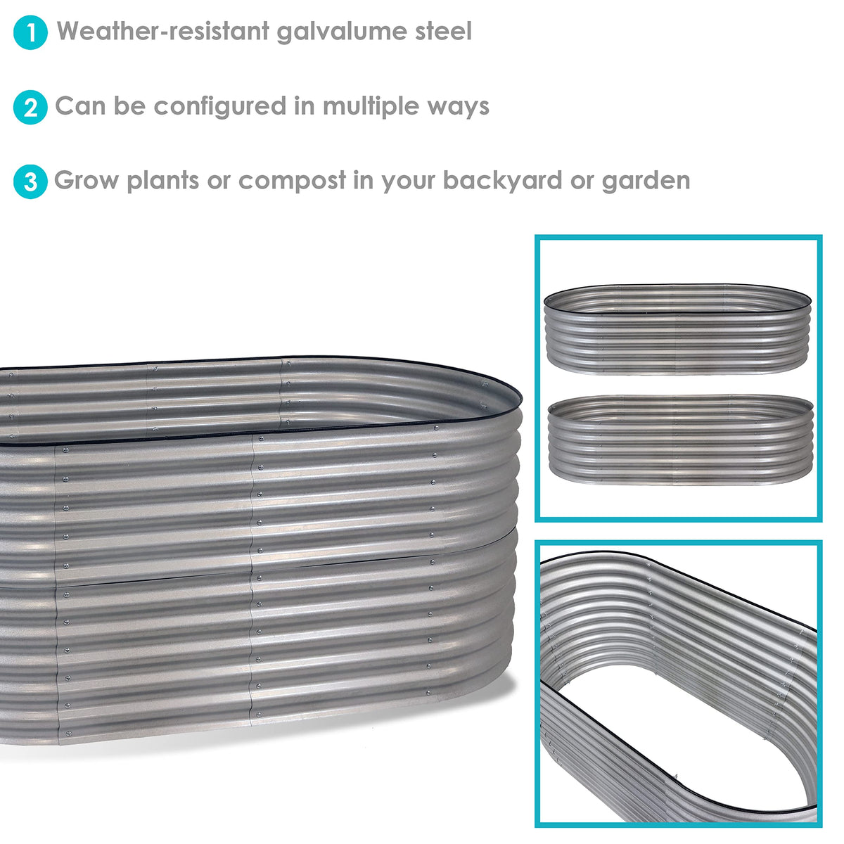 Sunnydaze 79-Inch Oval Raised Garden Bed - Stackable Steel Vegetable Flower Bed Planter Kit with Rubber Edge Trim - Silver