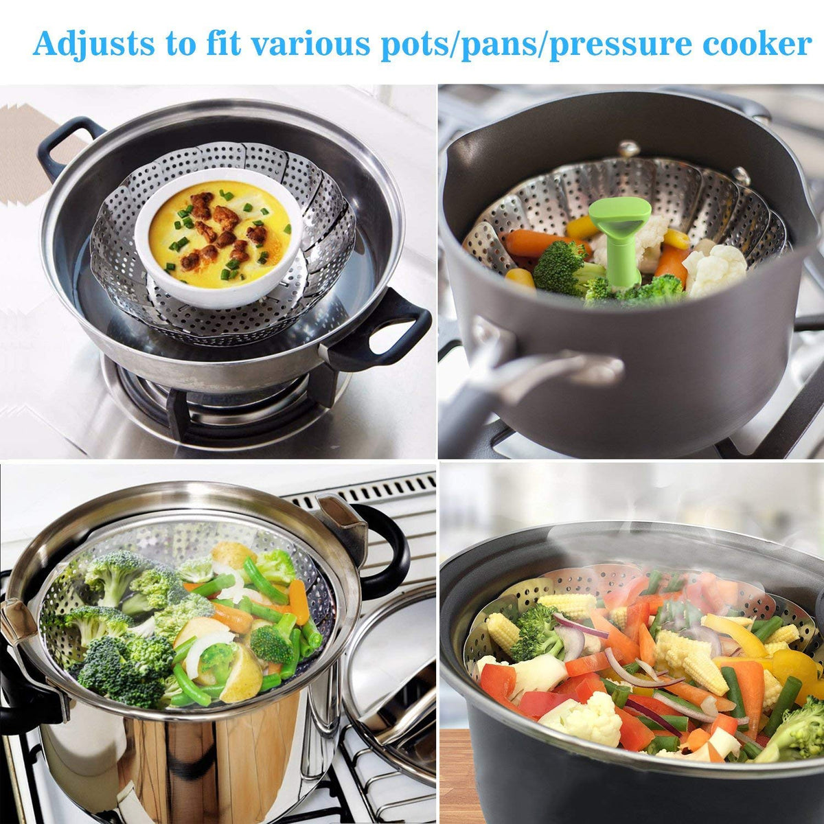 Consevisen Vegetable Steamer Basket for Cooking Food, Stainless Steel Veggie Steam Basket for Pot, Folding Expandable Steaming Insert with Extendable Handle Fits Various Size Pot, 5.1" to 9"