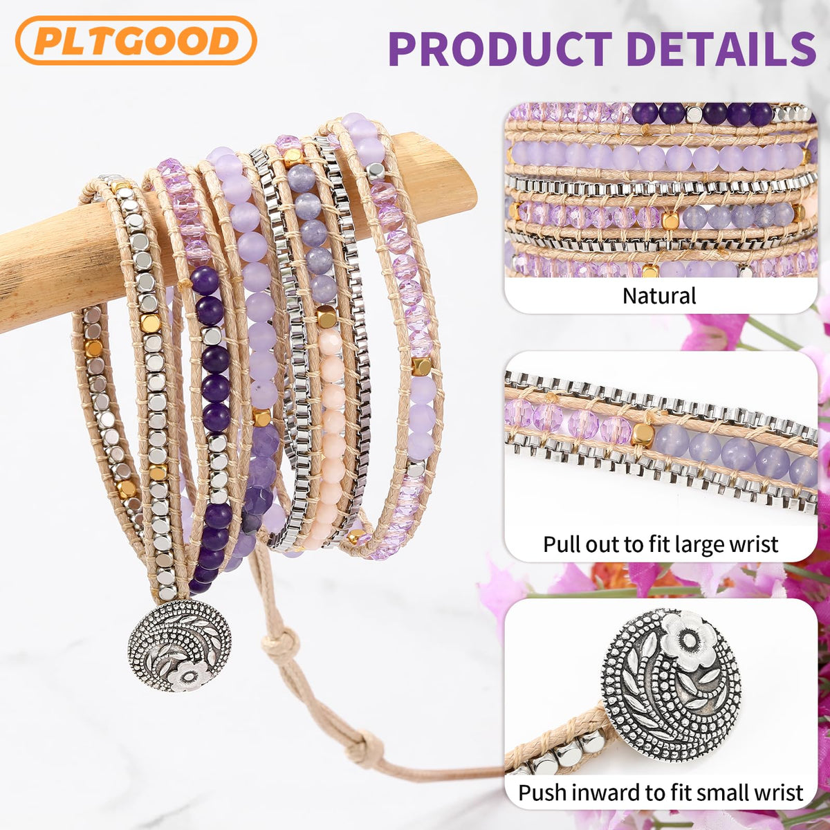 PLTGOOD Beaded Bracelets for Women Handmade Adjustable Boho Bracelets For Women Purple Natural Stone Bracelet 5 Wrap Bracelets Rope Yoga Healing Bracelet Jewelry
