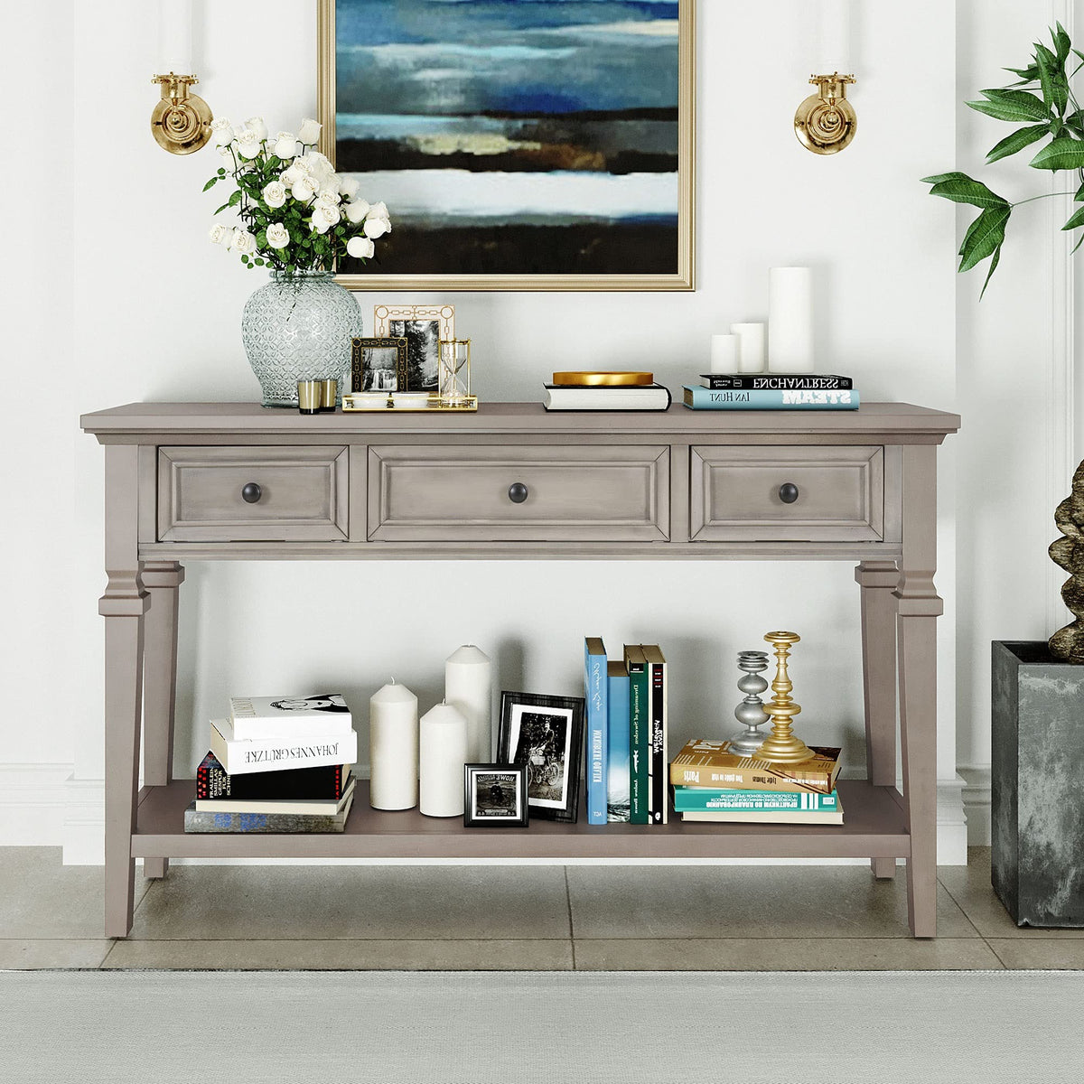 Merax Classic Long Narrow Console Table for Entryway Hallway Sideboard with Storage Drawers and Bottom Shelf Gray Wash